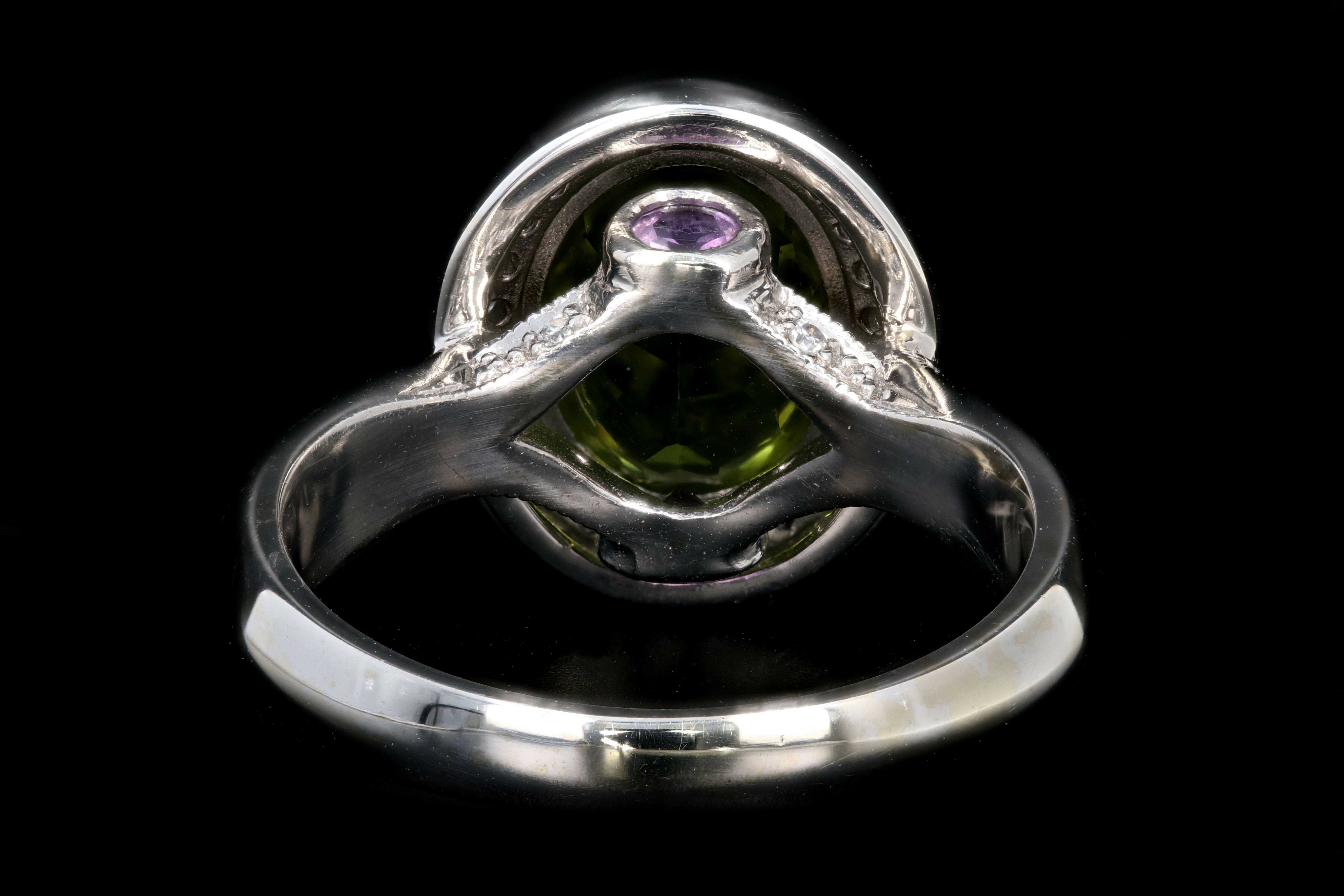Modern 14K White Gold 3CT Peridot, Amethyst, and Diamond Ring - Queen May