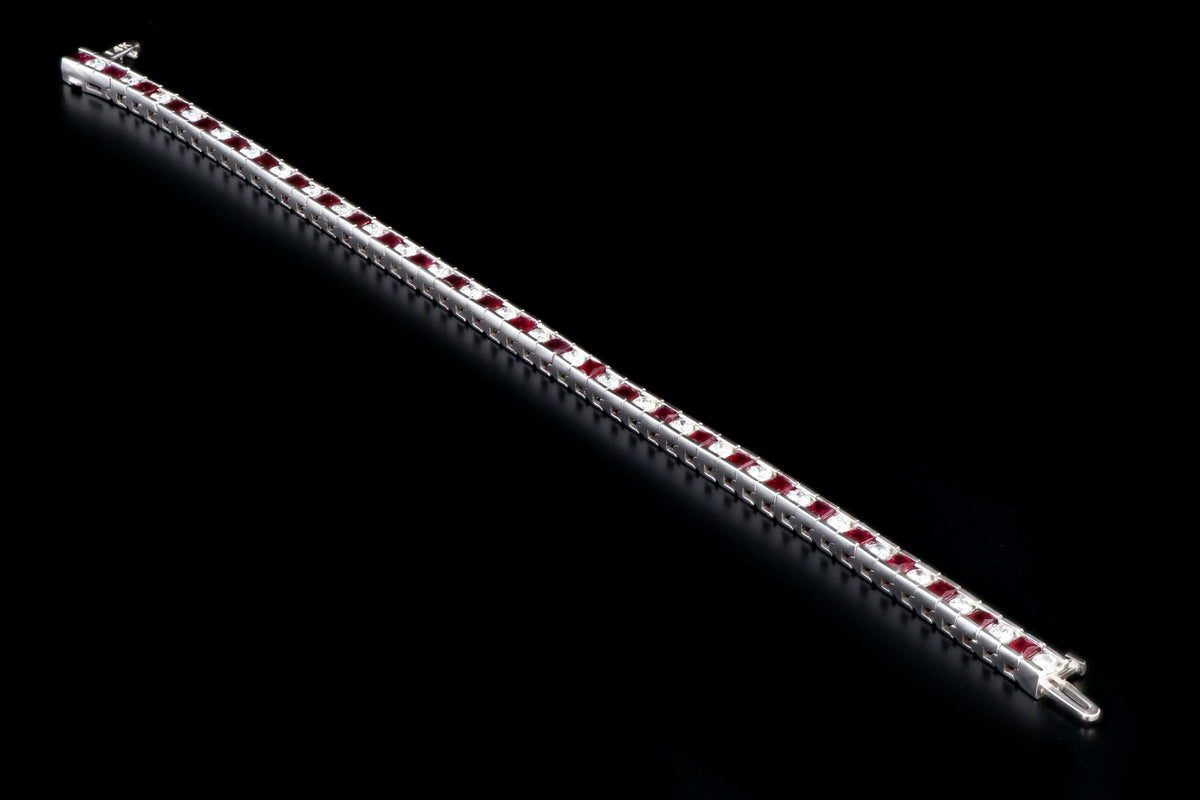 New 14K White Gold 2.3 Carat Diamond and 5.5 Carat Ruby Tennis Bracelet - Queen May