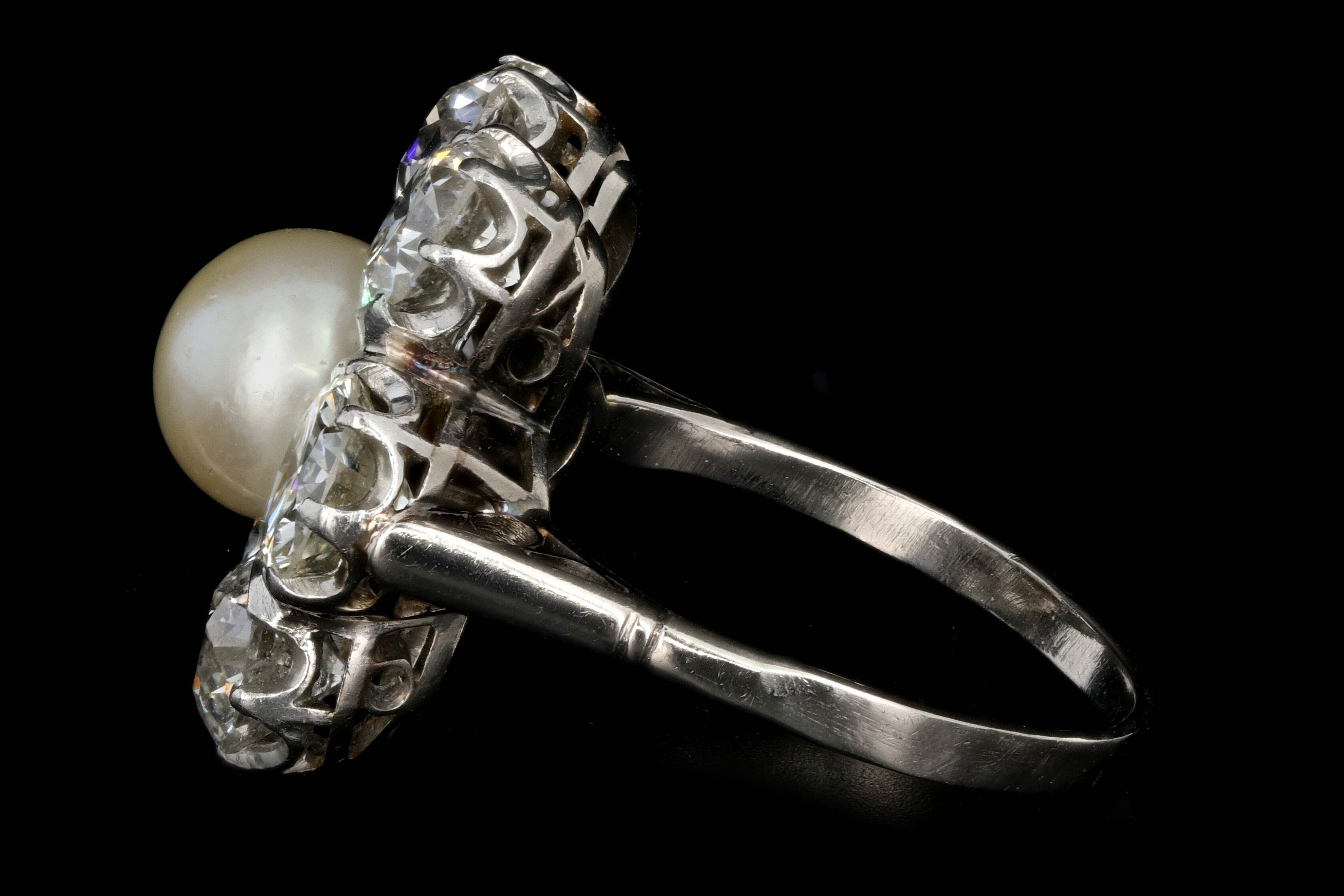 Edwardian 14K White Gold Akoya Cultured Pearl and Diamond Halo Ring GIA Certified - Queen May