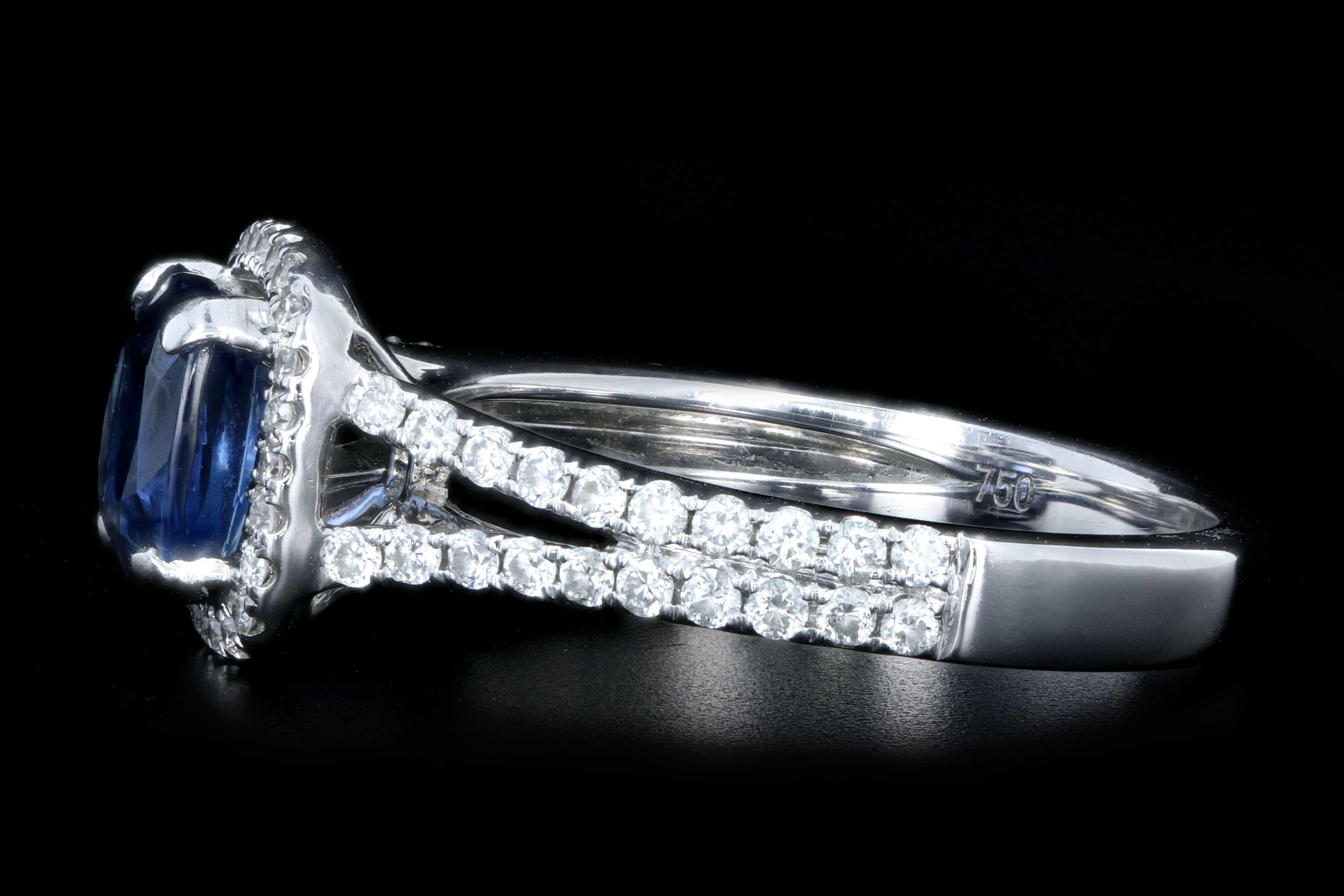 Modern 18K White Gold 1.25 Natural Sapphire and Diamond Halo Ring - Queen May