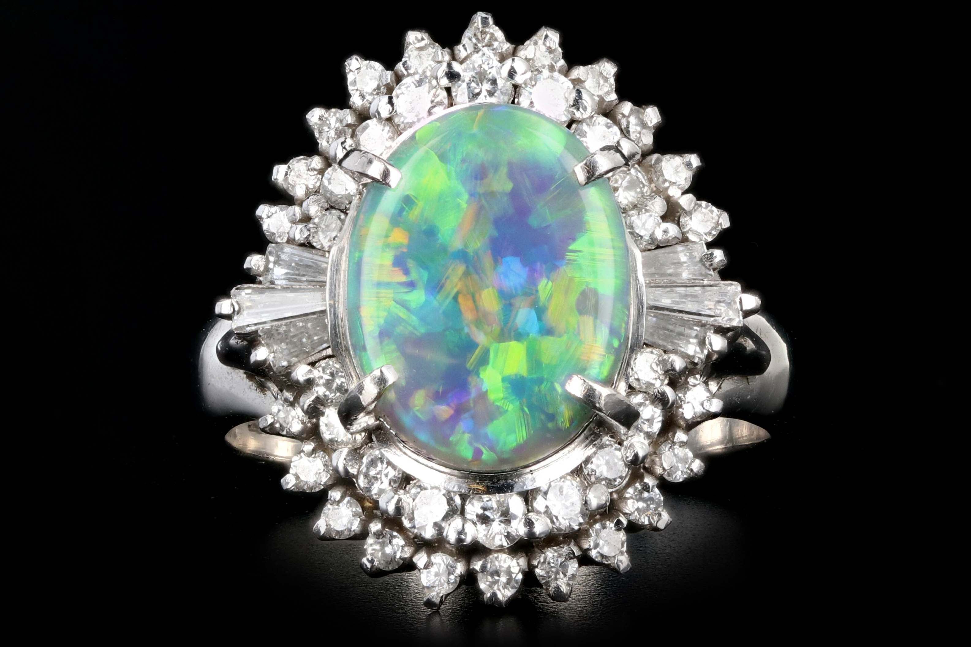 Retro Platinum 1.76 Carat Opal and Diamond Cocktail Ring - Queen May