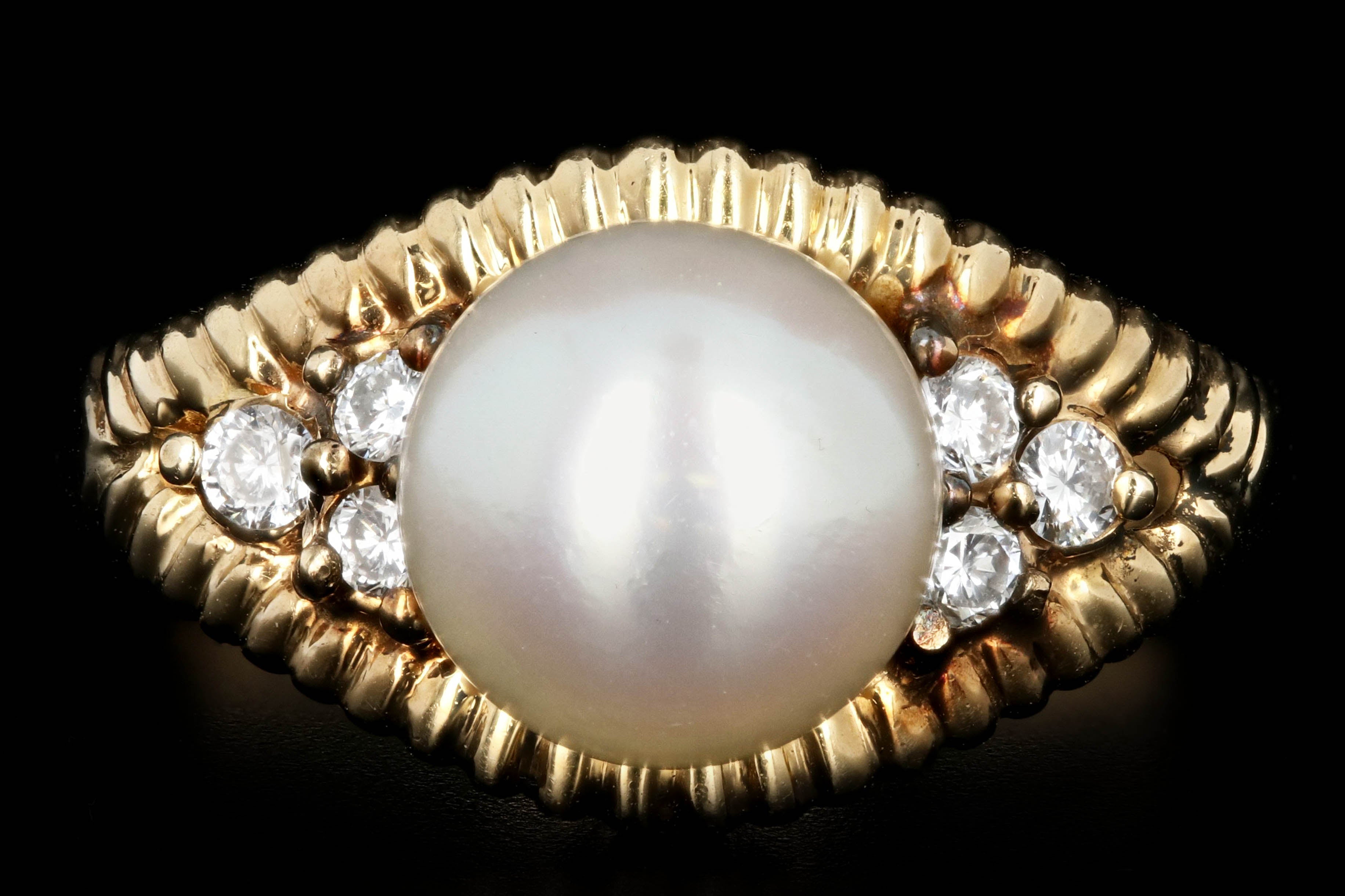 Modern 14K Yellow Gold 8mm Pearl and Diamond Ring - Queen May
