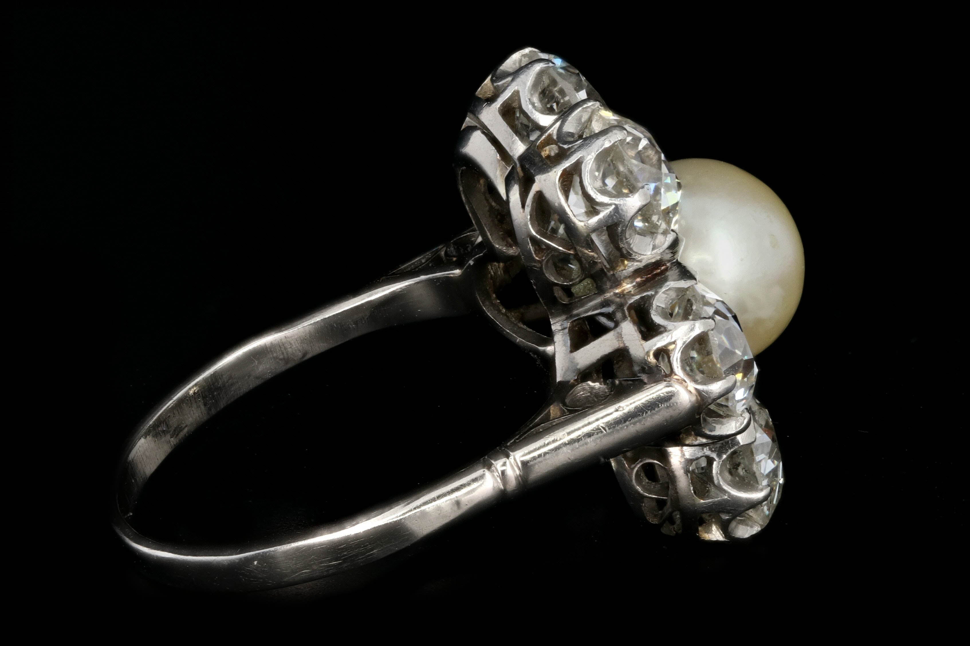 Edwardian 14K White Gold Akoya Cultured Pearl and Diamond Halo Ring GIA Certified - Queen May