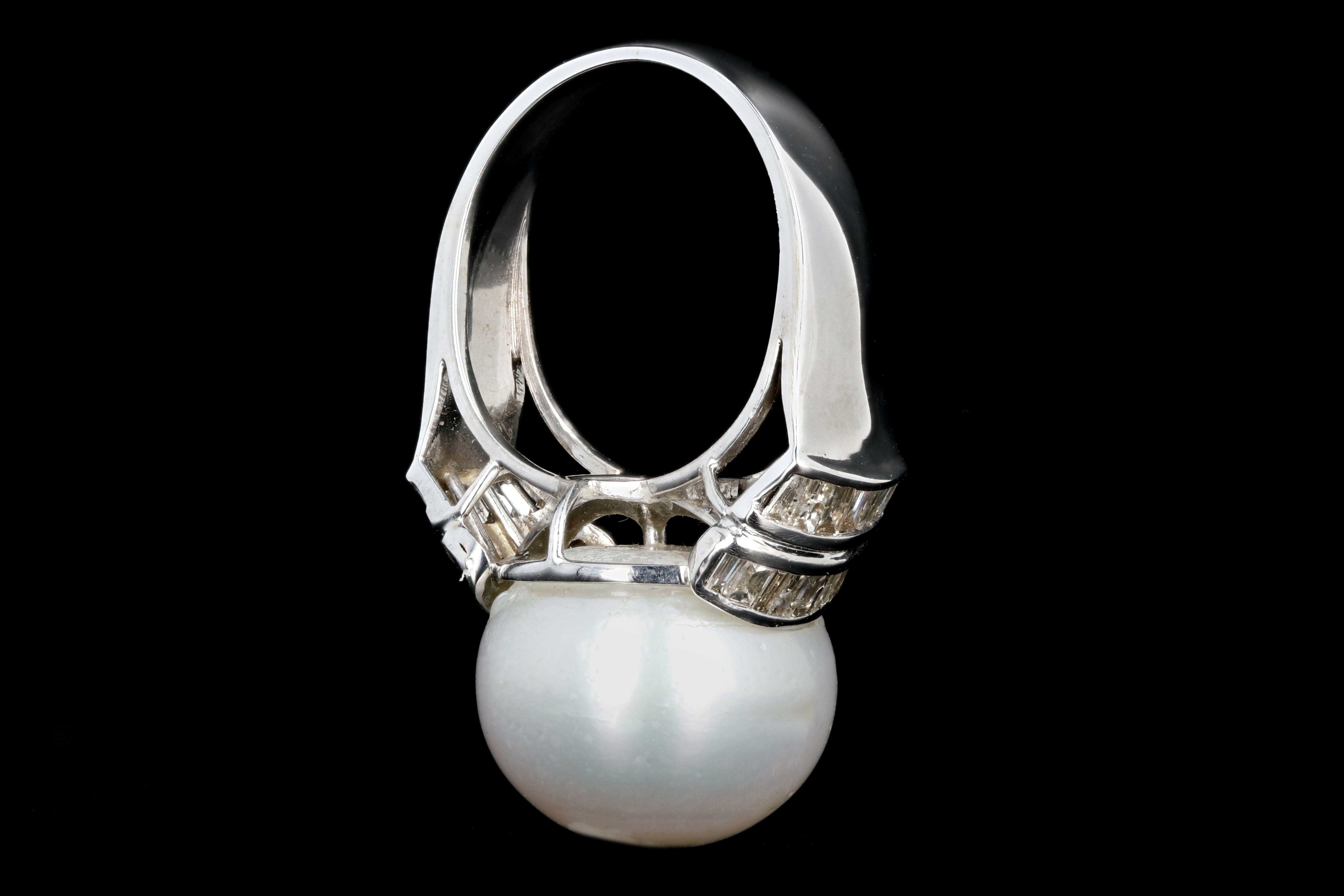 Modern 14K White Gold 15.6mm Pearl and Baguette Diamond Ring - Queen May