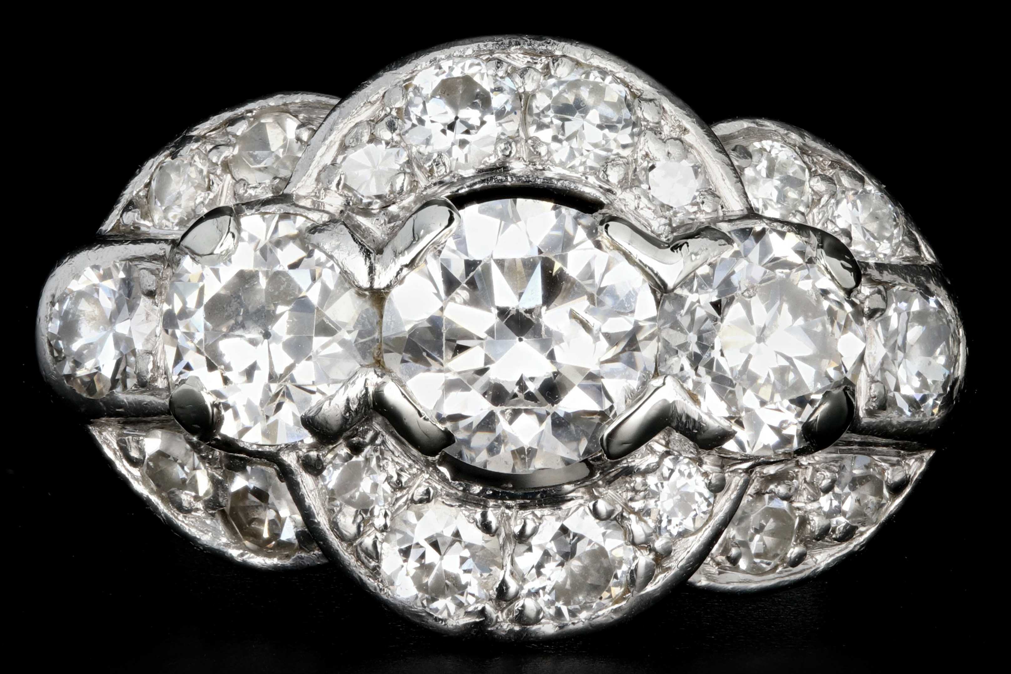 Art Deco Platinum 2.1 Carat Total Weight Old European Cut Diamond Ring - Queen May
