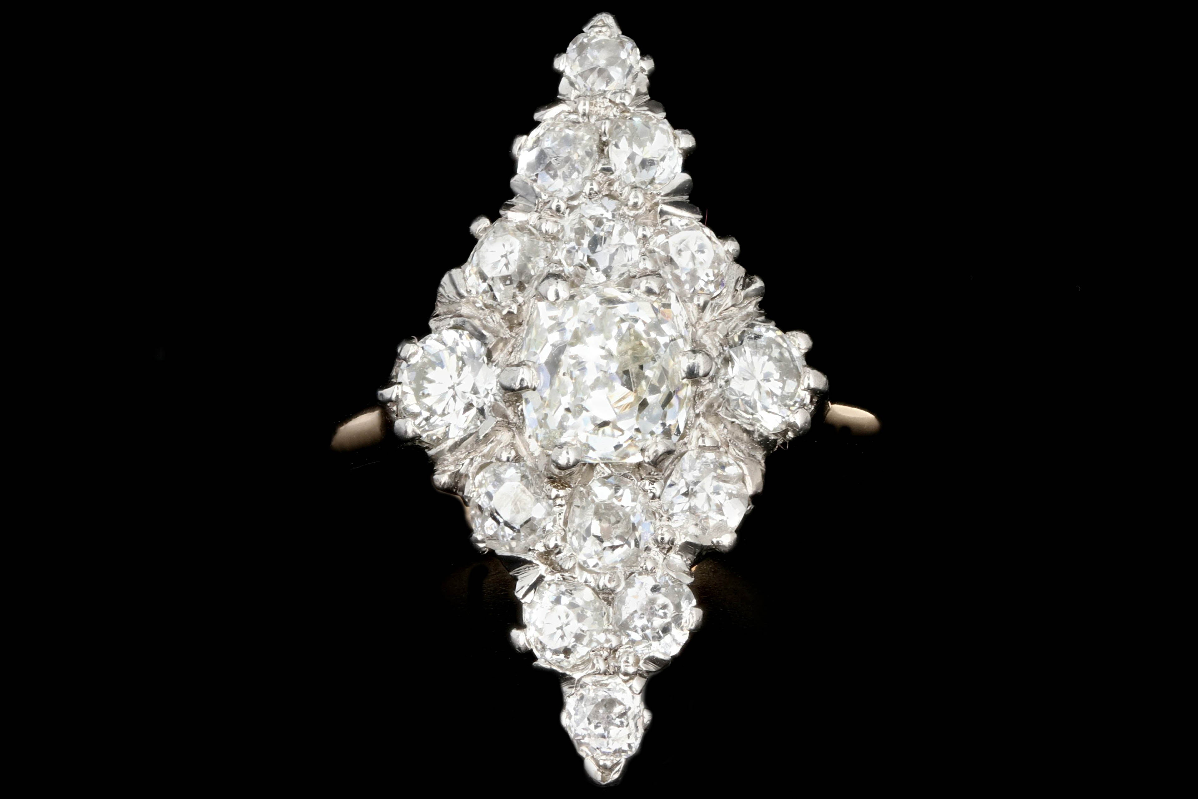 Victorian Platinum and 14K Yellow Gold .60 Carat Old Mine Cut Diamond Navette Ring - Queen May