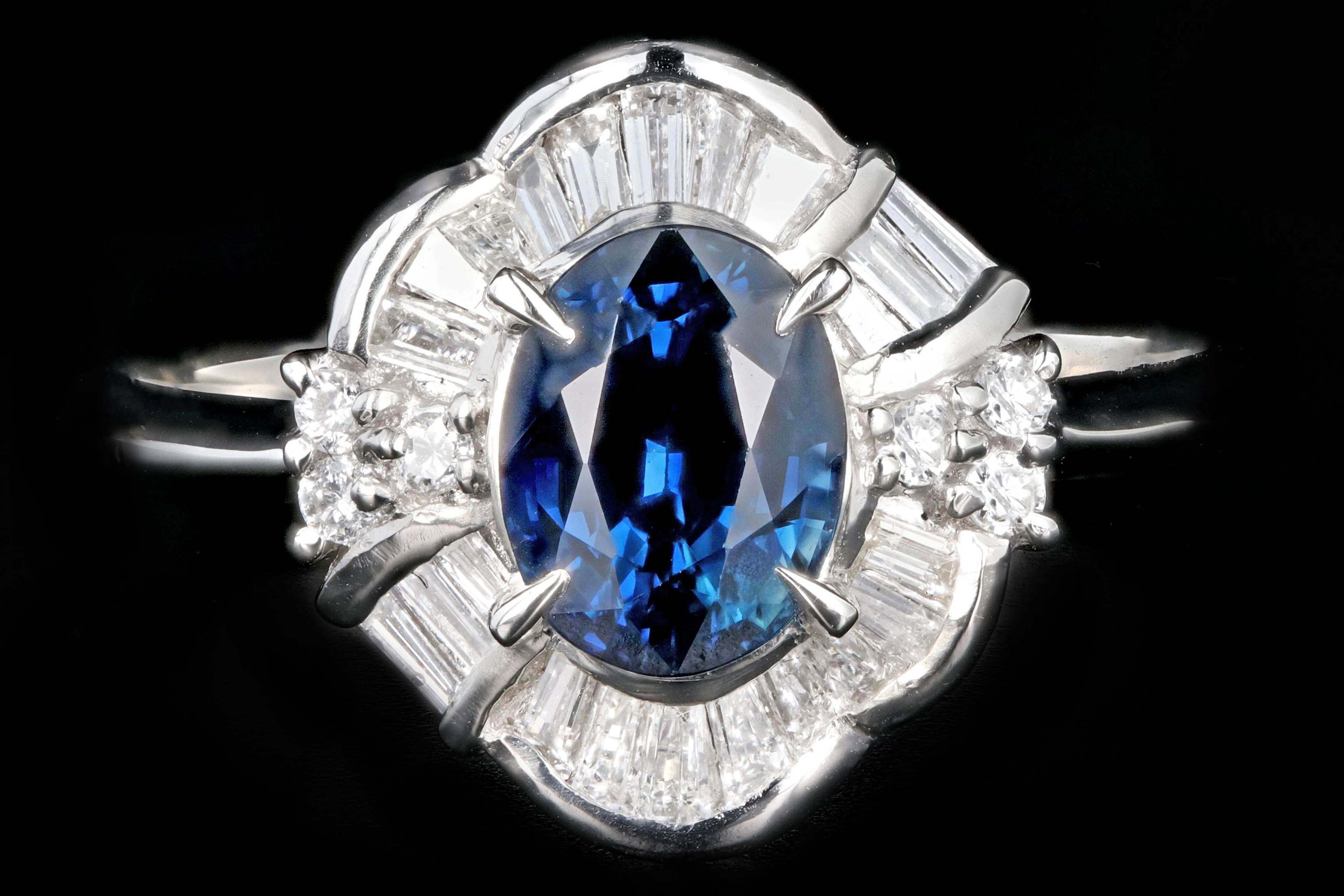 Retro Platinum 1.26 Carat Natural Blue Sapphire and Diamond Ring - Queen May