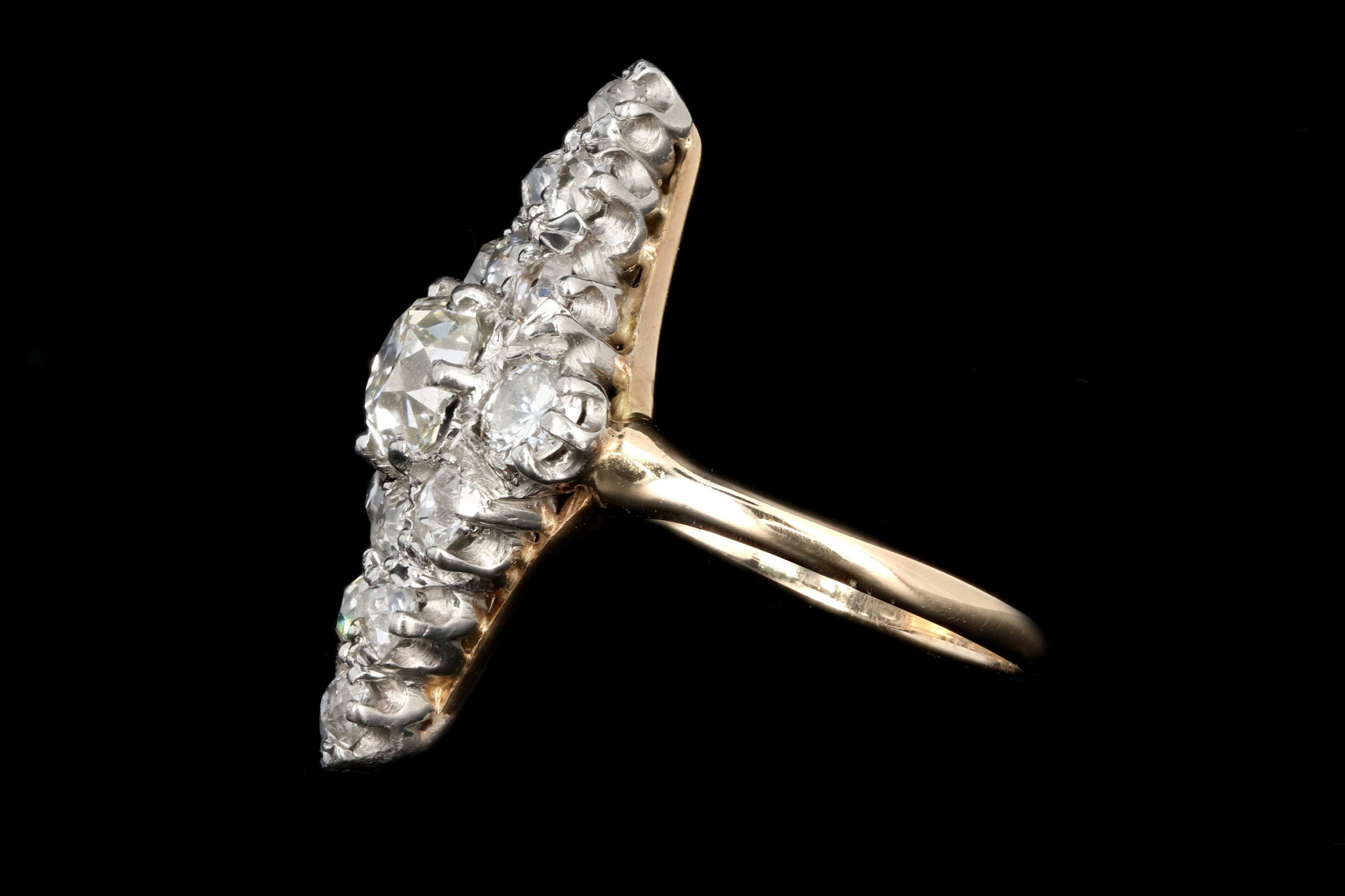 Victorian Platinum and 14K Yellow Gold .60 Carat Old Mine Cut Diamond Navette Ring - Queen May