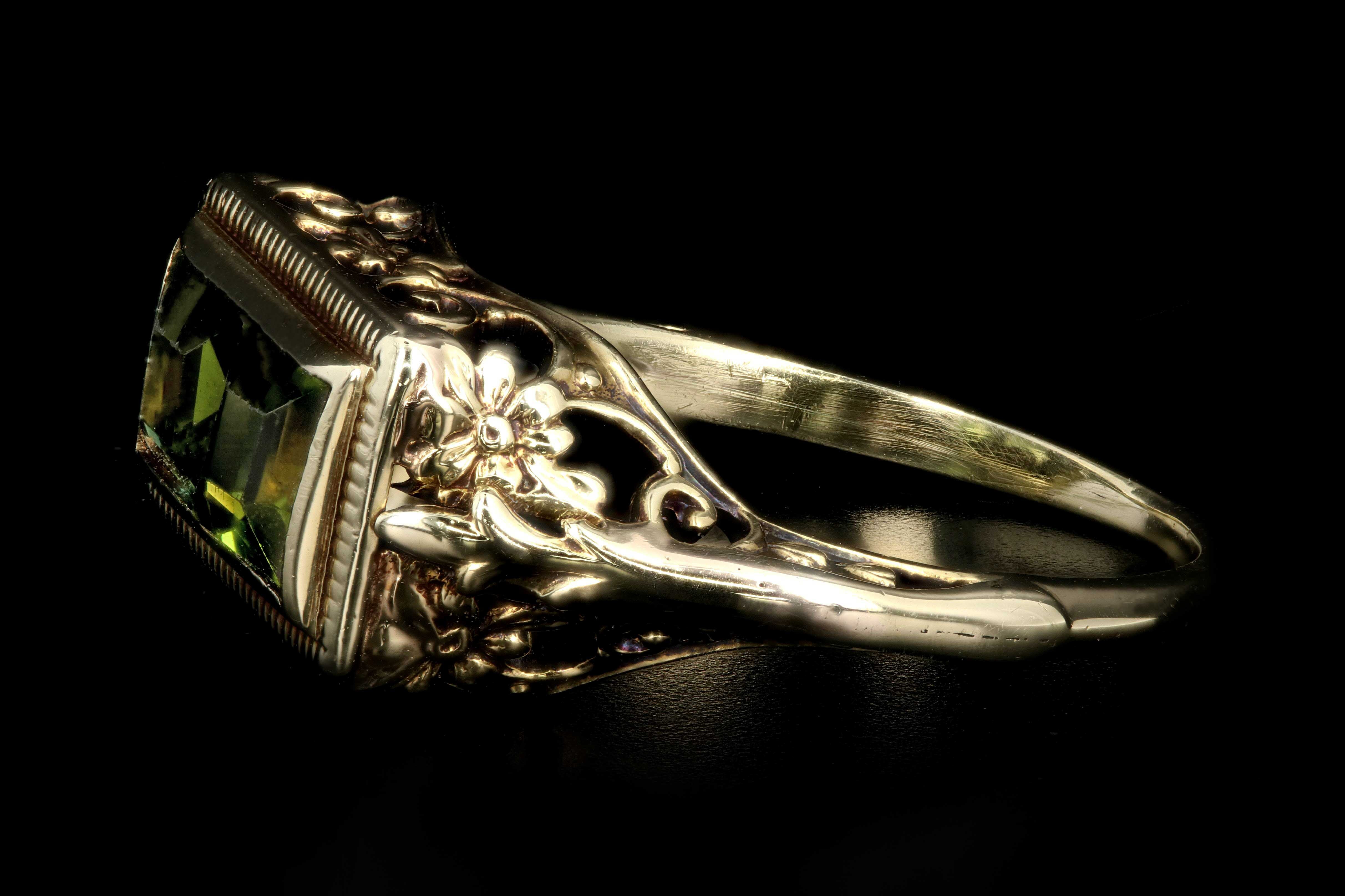 Art Deco 14K Yellow Gold .75CTW Green Tourmaline Ring - Queen May