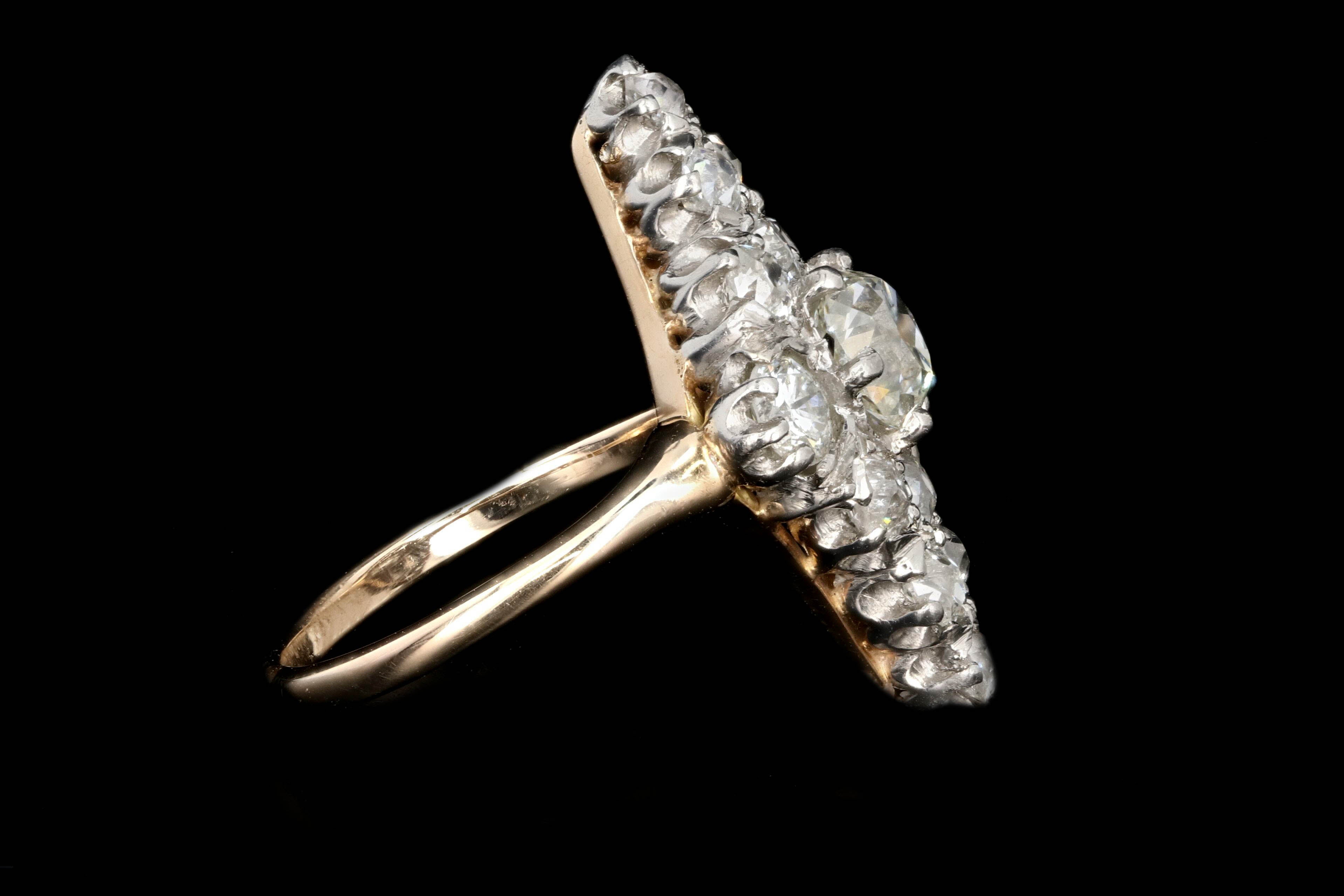 Victorian Platinum and 14K Yellow Gold .60 Carat Old Mine Cut Diamond Navette Ring - Queen May