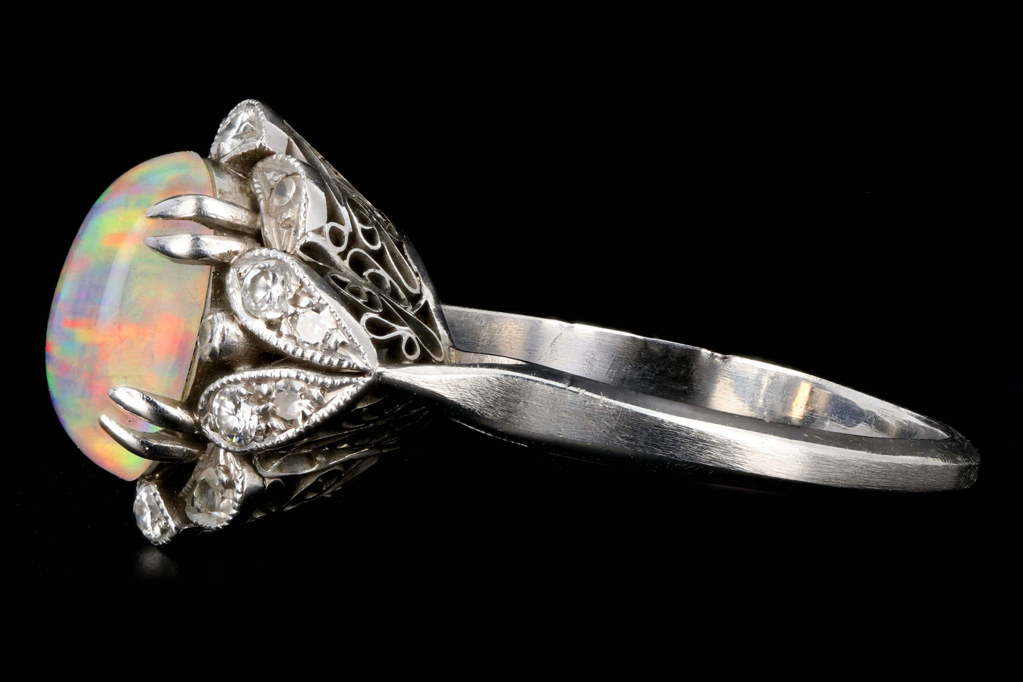 Retro Platinum 3 Carat Opal and Diamond Flower Ring - Queen May