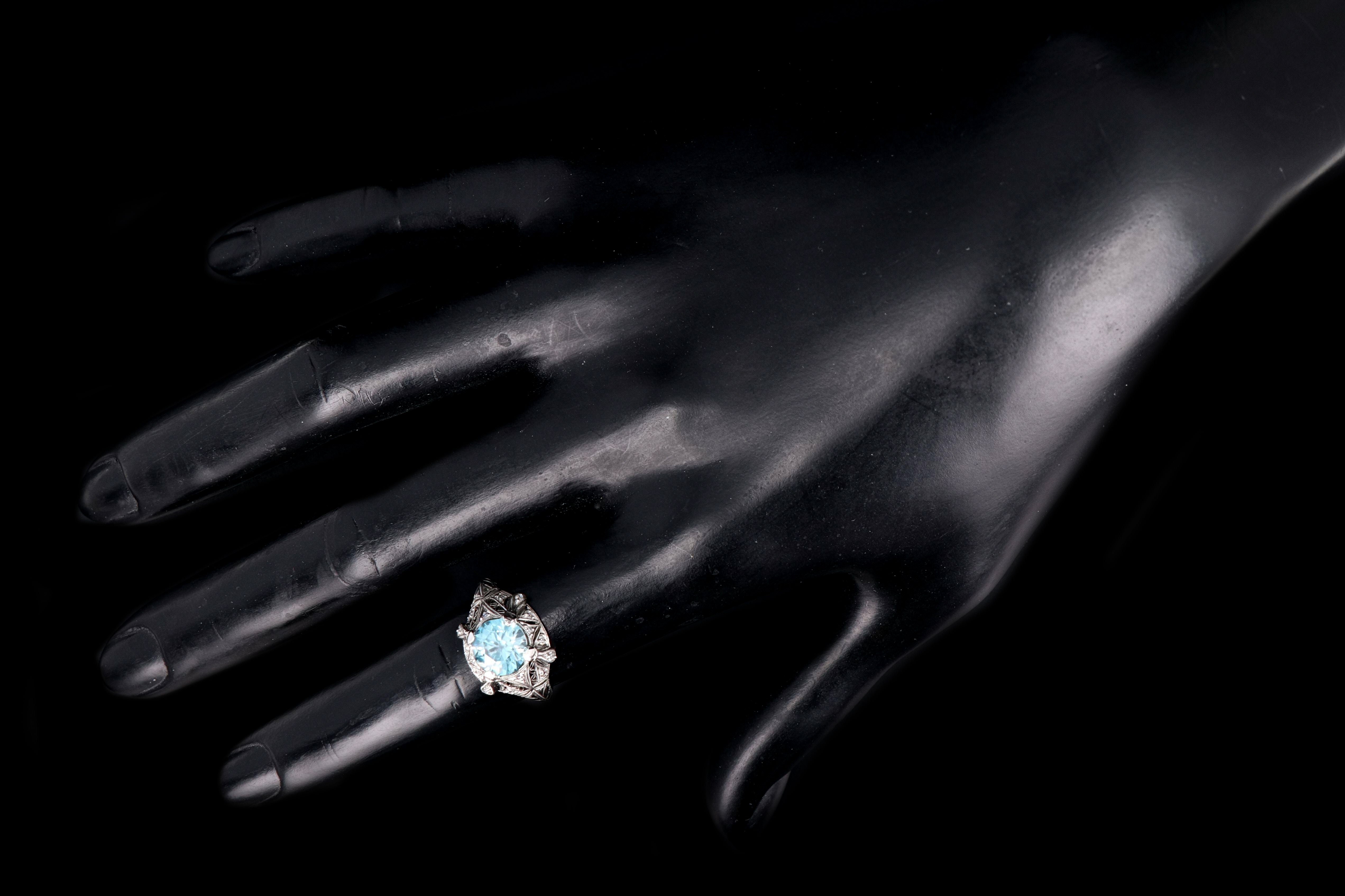 Art Deco Platinum 2.1CT Blue Zircon and Diamond Ring - Queen May