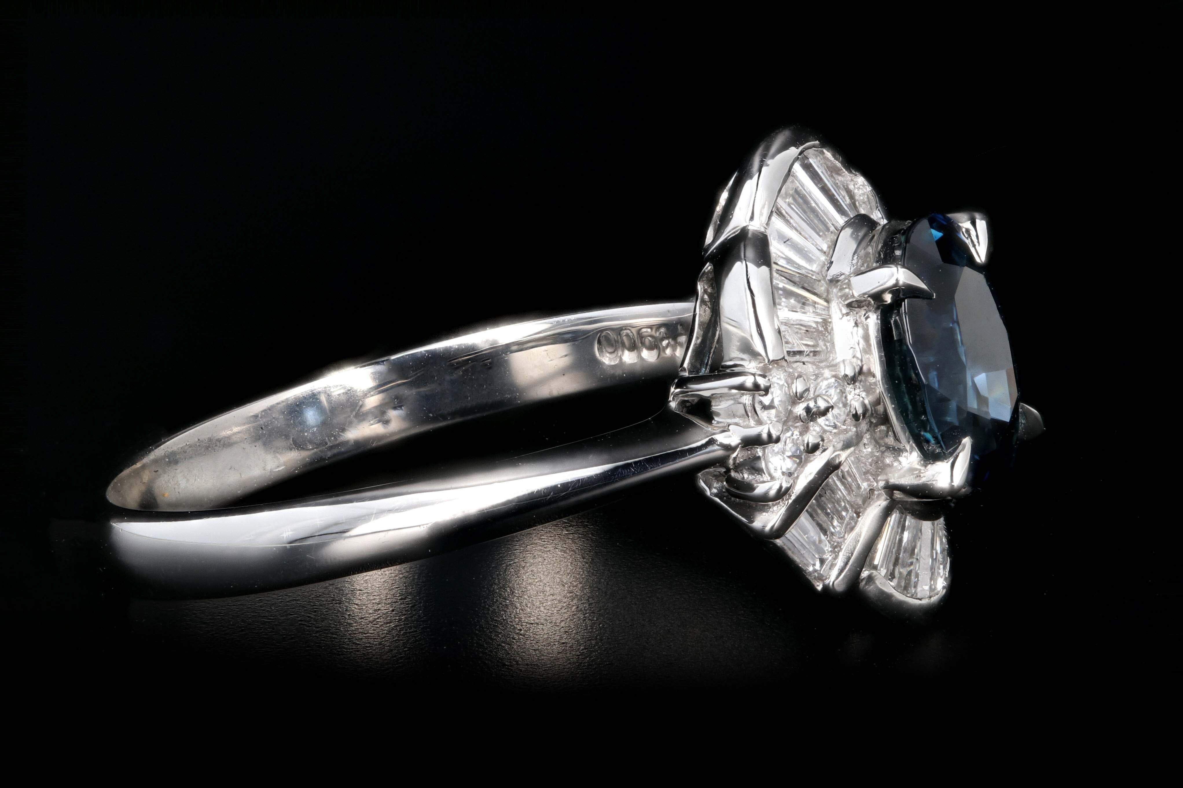 Retro Platinum 1.26 Carat Natural Blue Sapphire and Diamond Ring - Queen May
