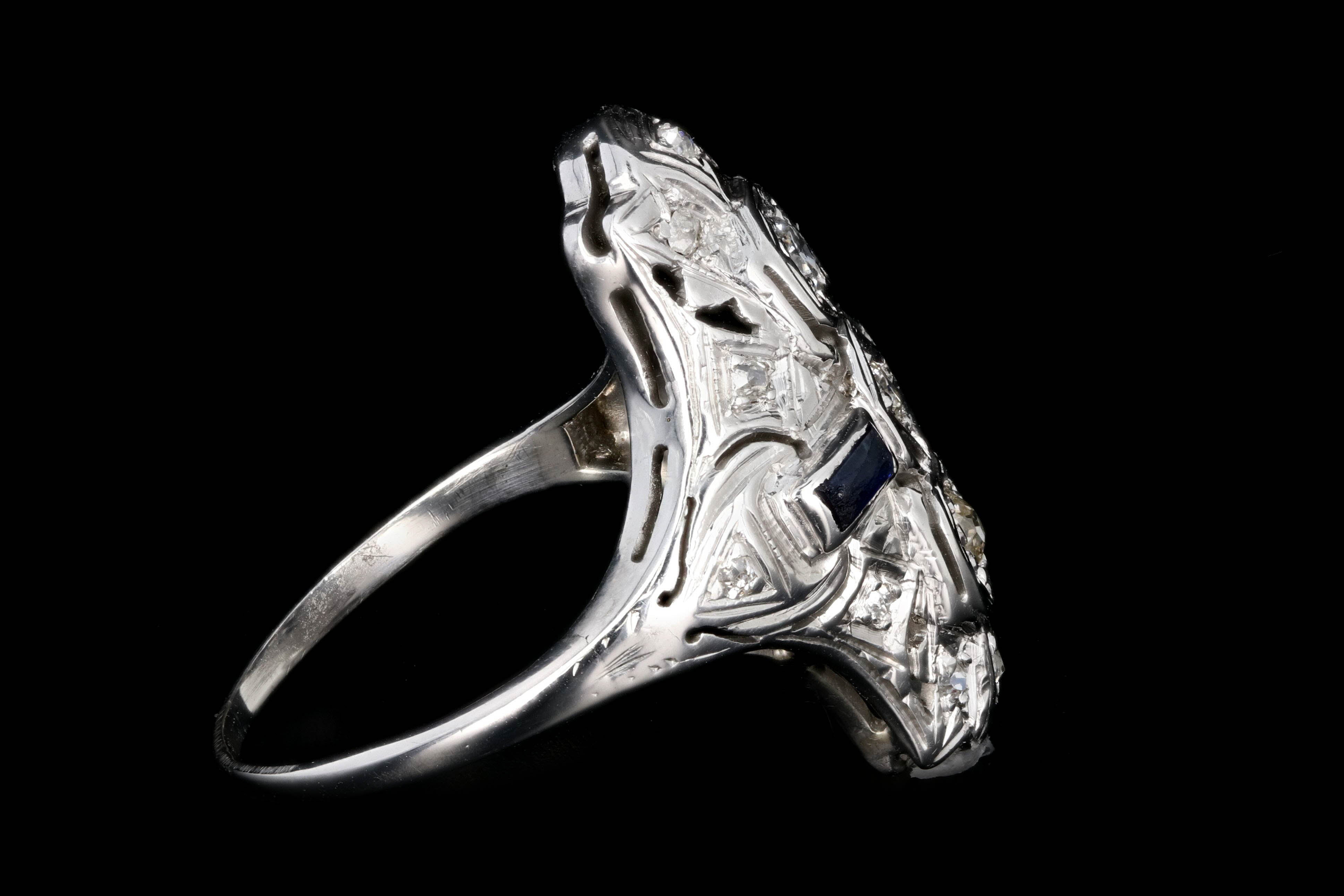 Art Deco 18k White Gold .20 Carat Old European Cut Diamond and Sapphire Shield Style Ring - Queen May