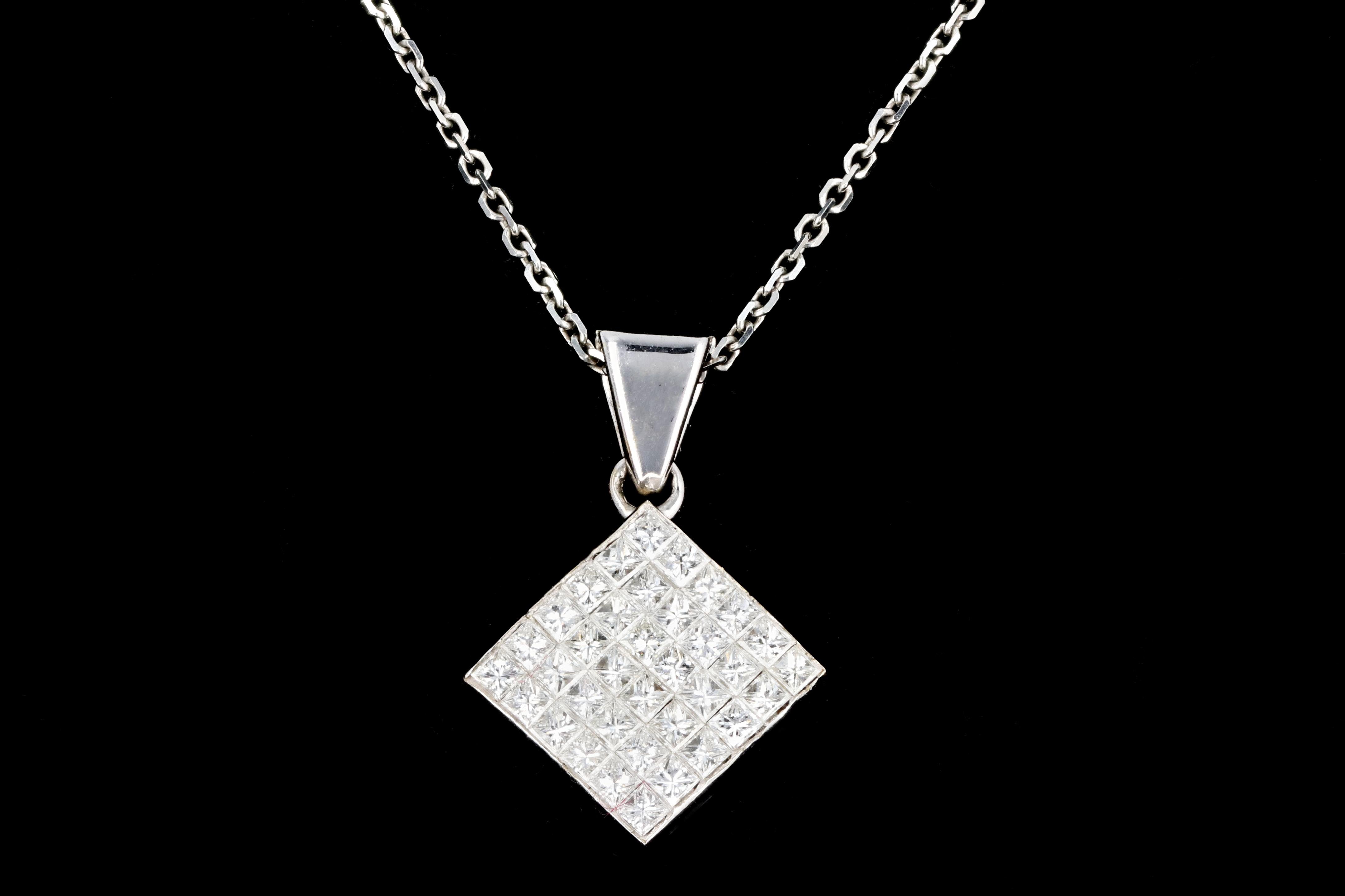 New 18K 1 Carat Princess Cut Cluster Diamond Pendant Necklace - Queen May
