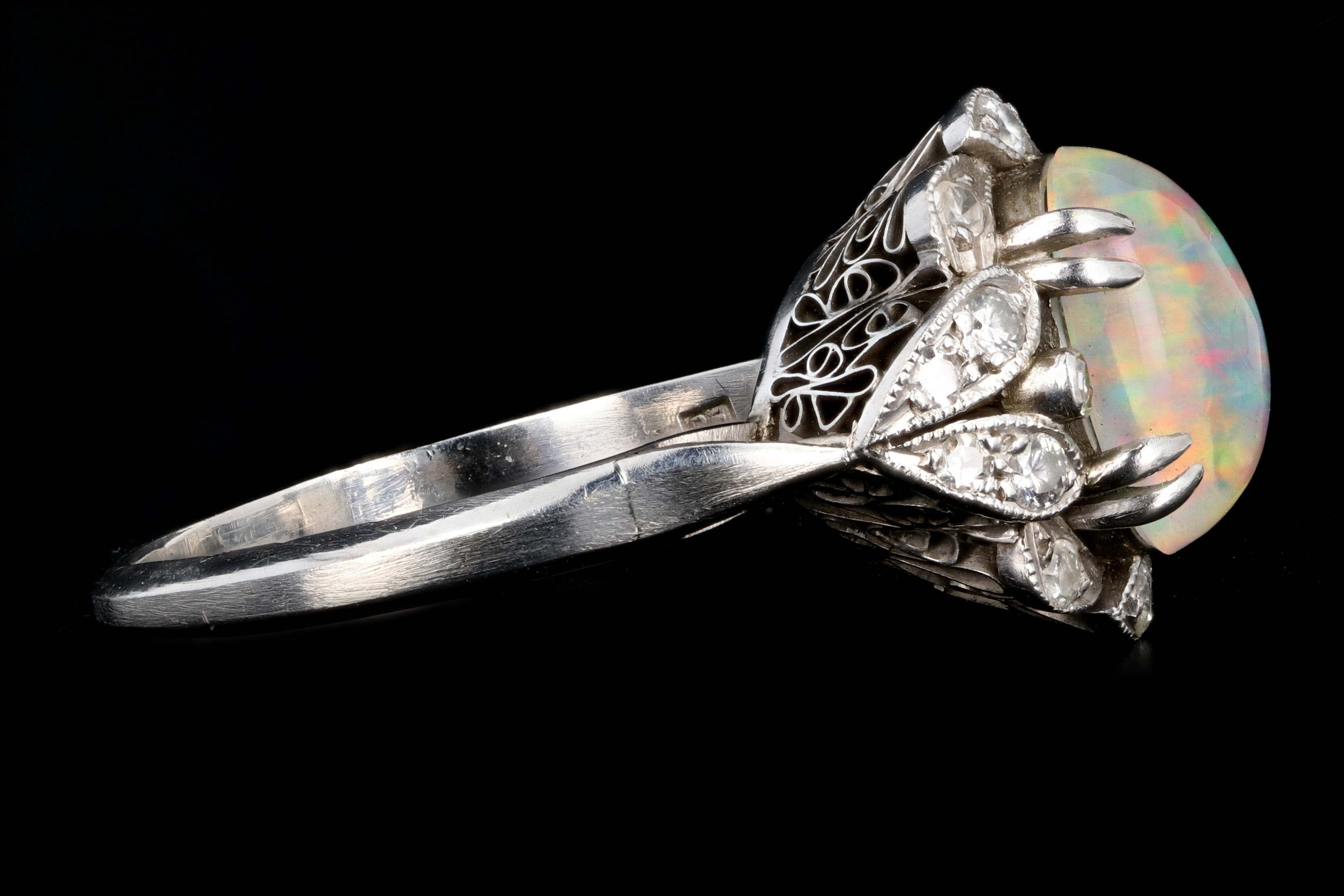 Retro Platinum 3 Carat Opal and Diamond Flower Ring - Queen May