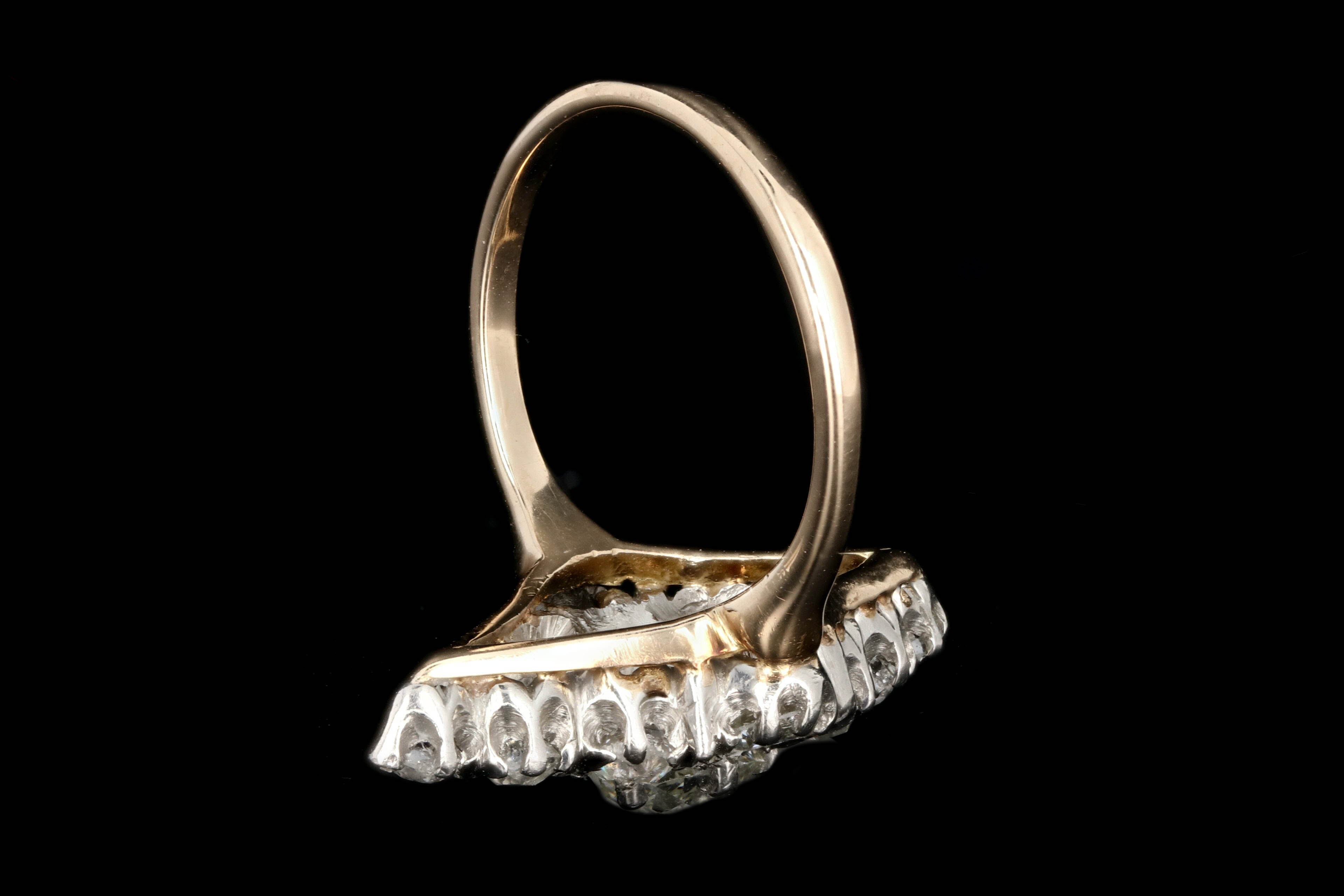 Victorian Platinum and 14K Yellow Gold .60 Carat Old Mine Cut Diamond Navette Ring - Queen May