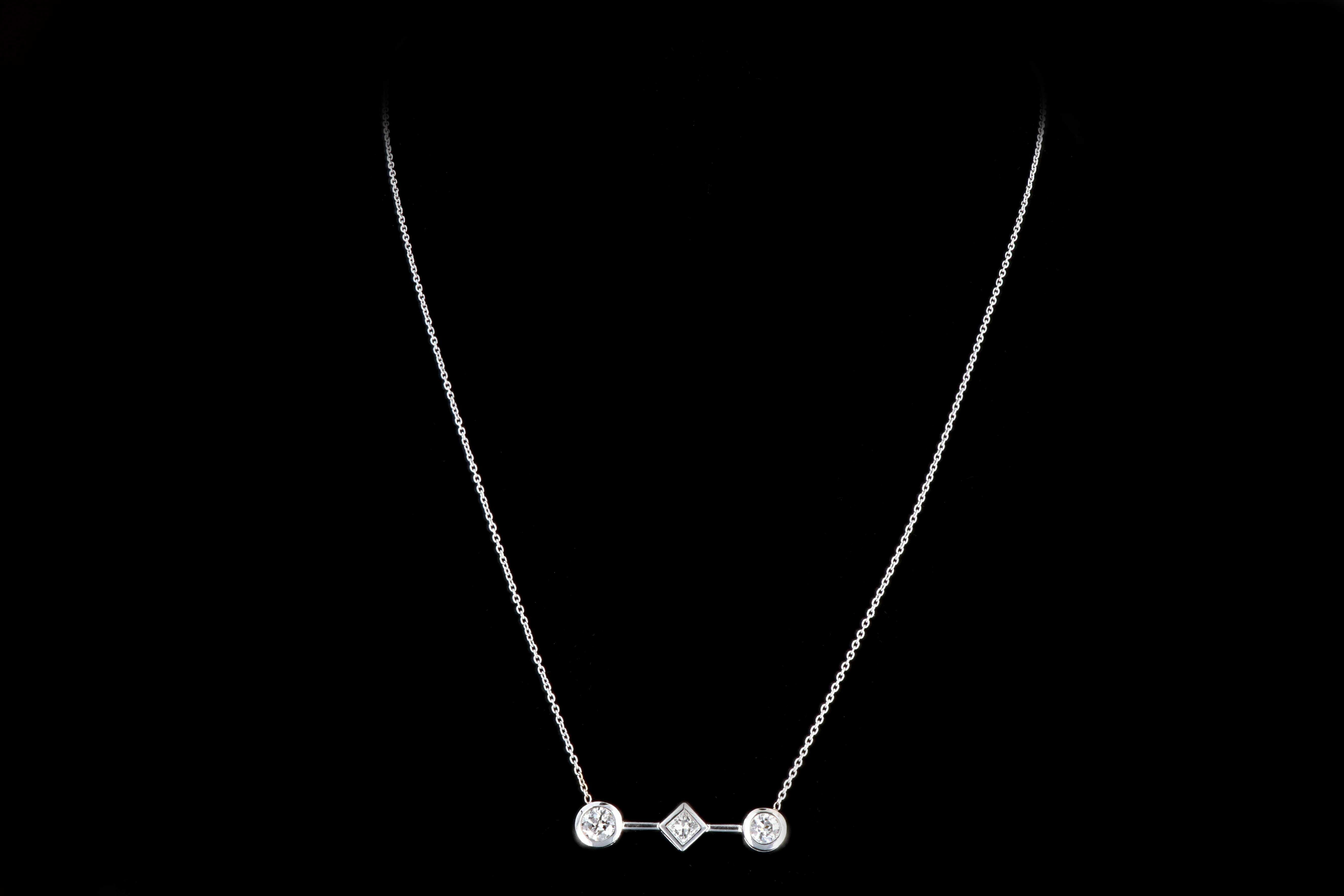 Modern 18K White Gold 1.3 Carat Princess and Round Brilliant Cut Diamond Pendant Necklace with 14K White Gold Chain - Queen May