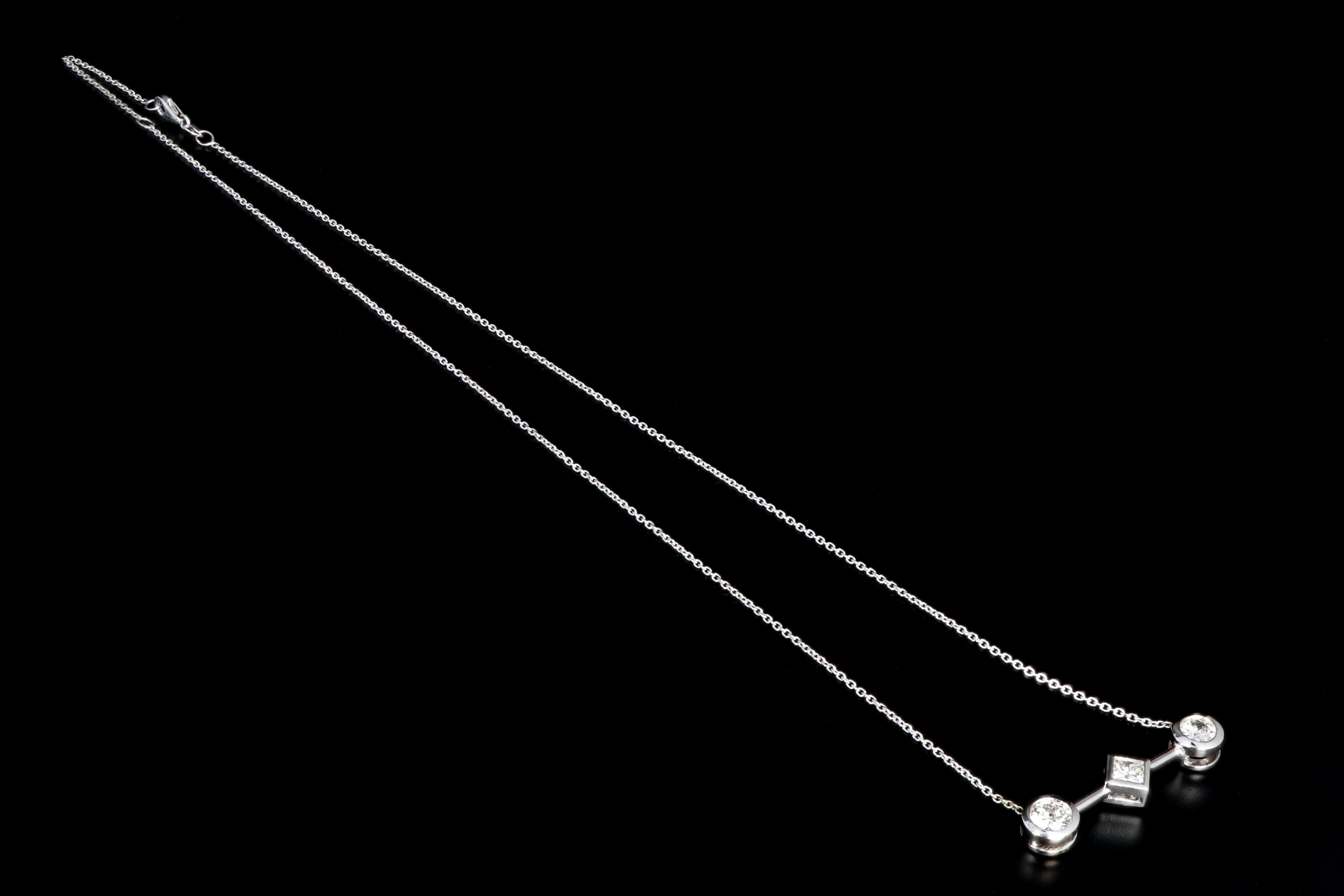 Modern 18K White Gold 1.3 Carat Princess and Round Brilliant Cut Diamond Pendant Necklace with 14K White Gold Chain - Queen May