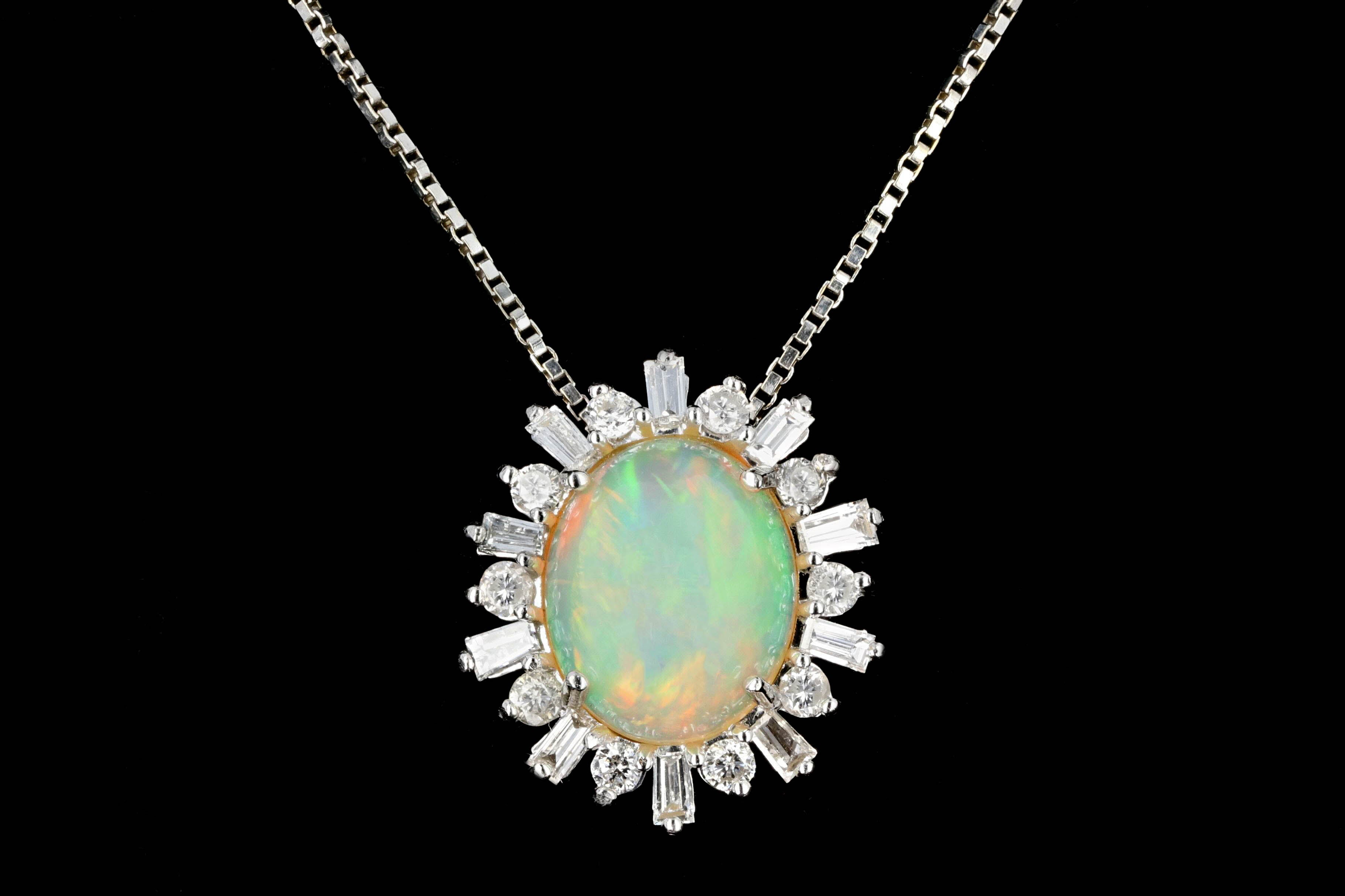Modern 14K White Gold Opal Diamond Pendant Necklace - Queen May