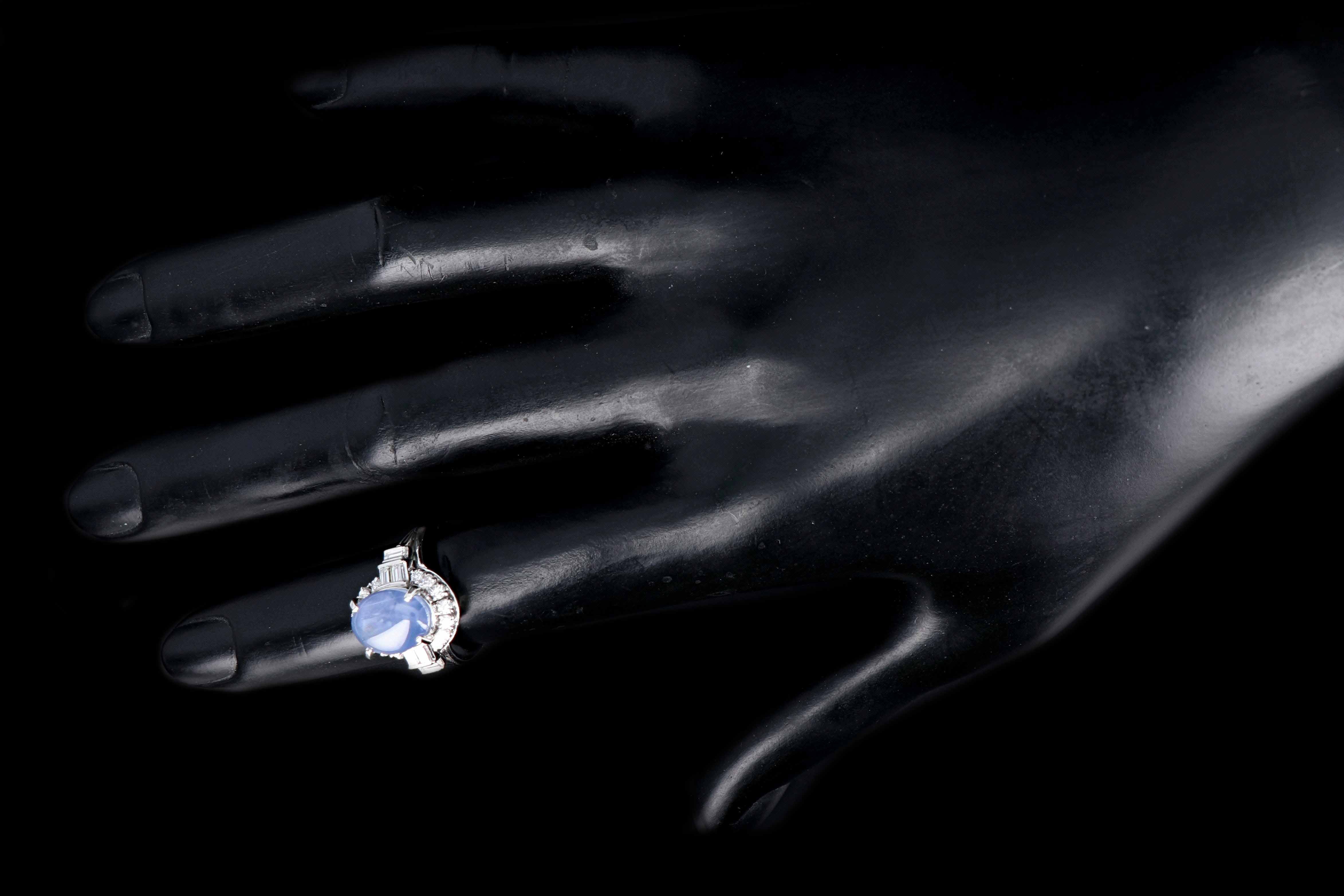 Retro Platinum 6.14 Carat Star Sapphire and Diamond Ring - Queen May