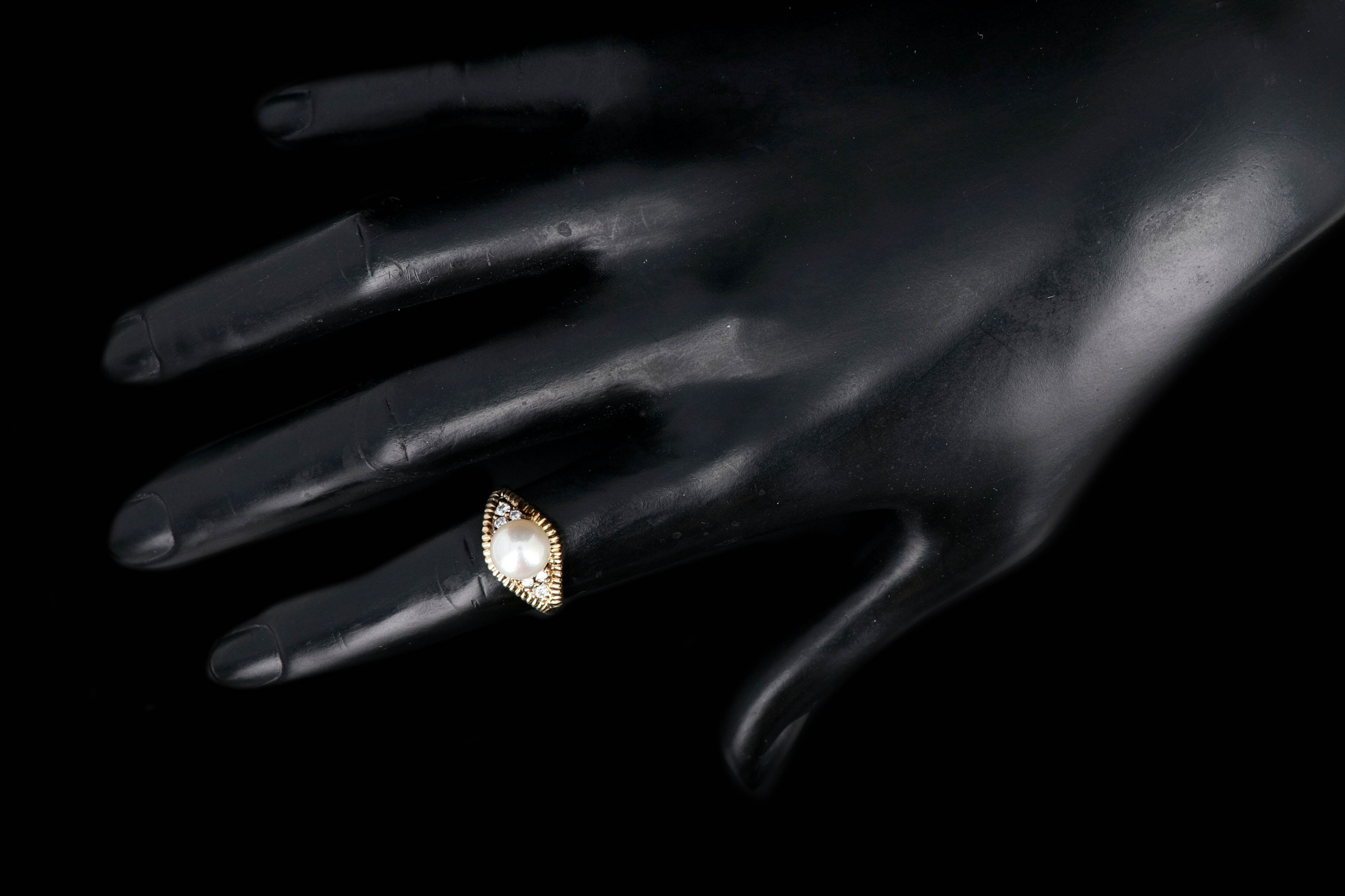 Modern 14K Yellow Gold 8mm Pearl and Diamond Ring - Queen May