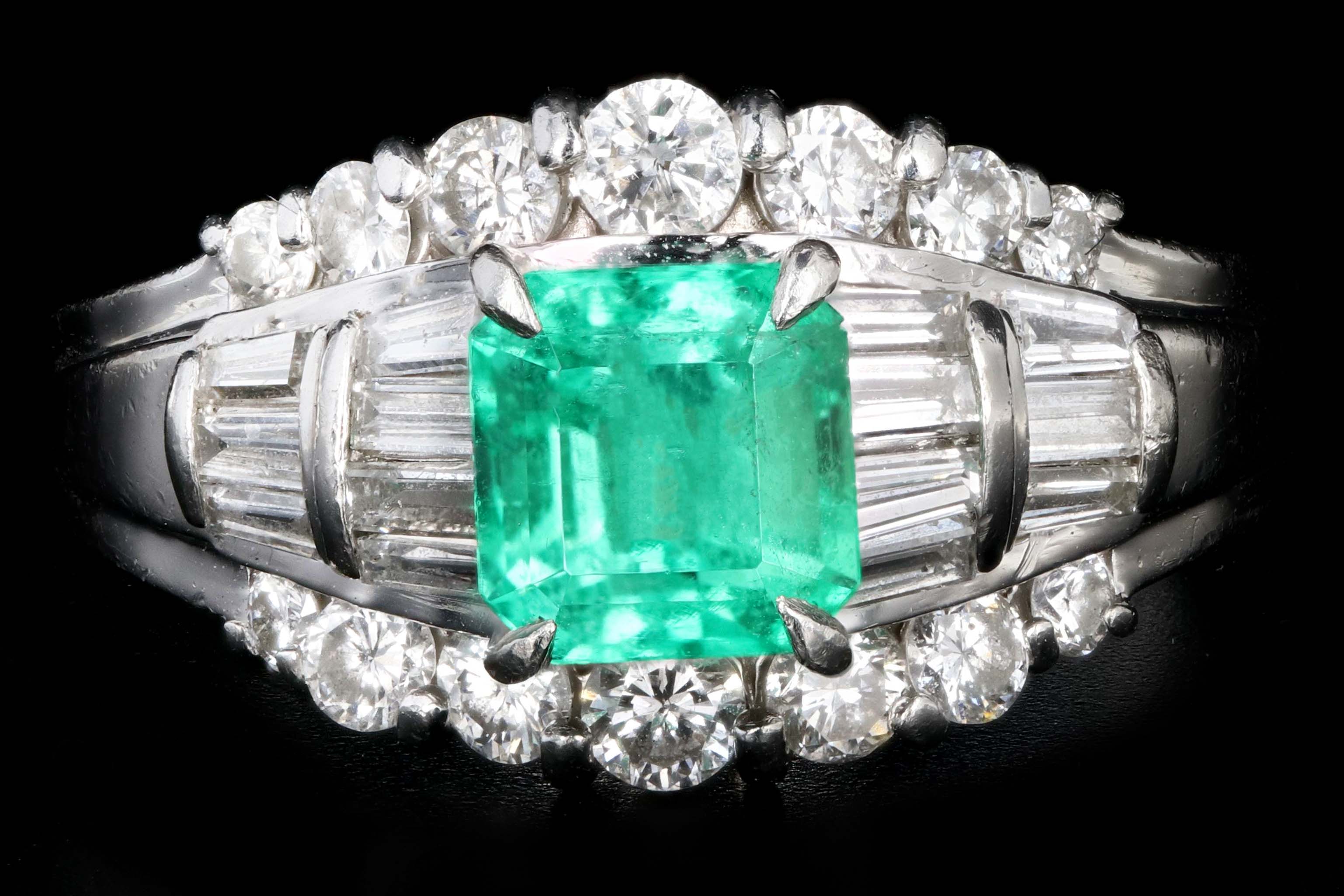 Retro Platinum .88 Carat Natural Emerald and Baguette Diamond Ring - Queen May
