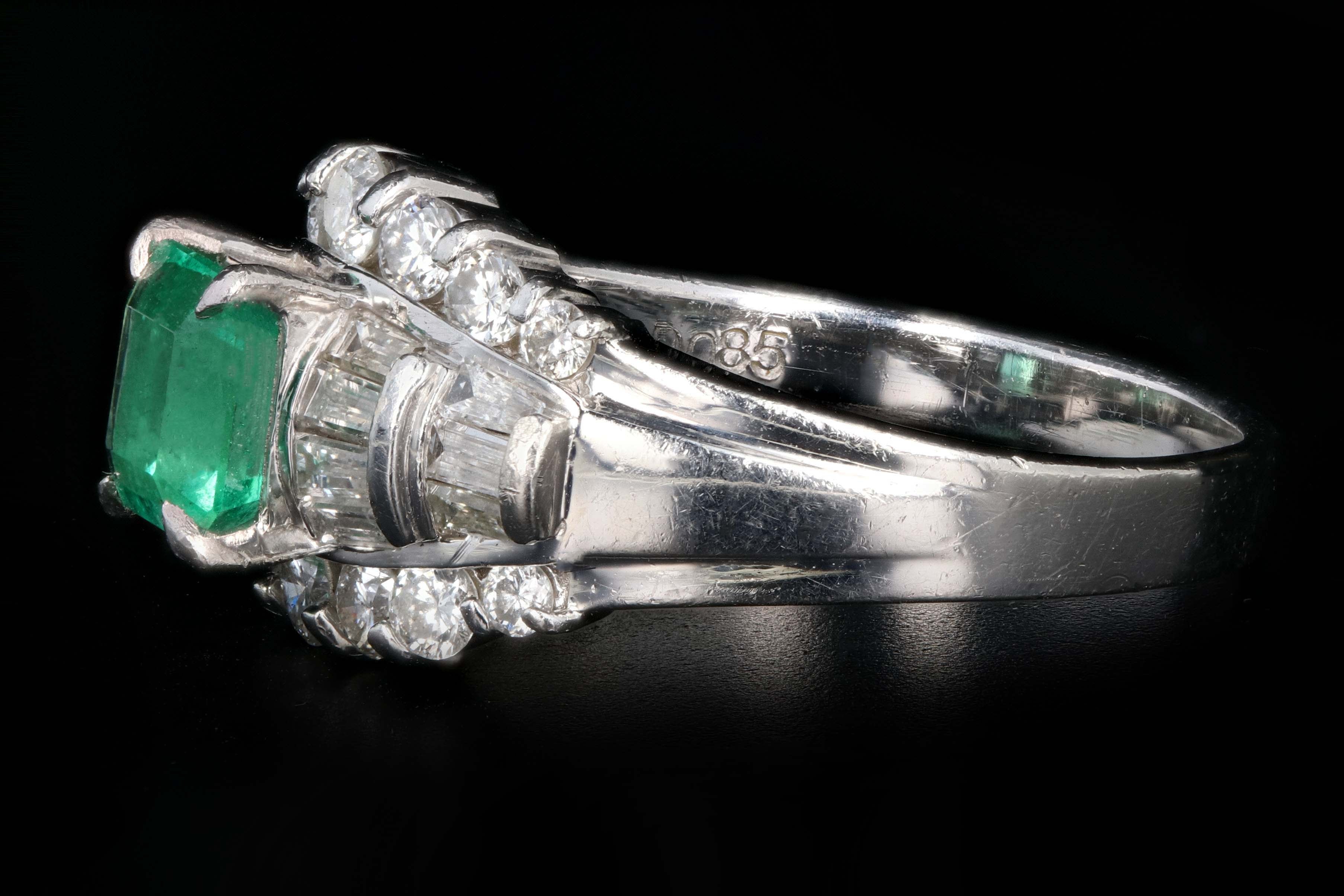 Retro Platinum .88 Carat Natural Emerald and Baguette Diamond Ring - Queen May