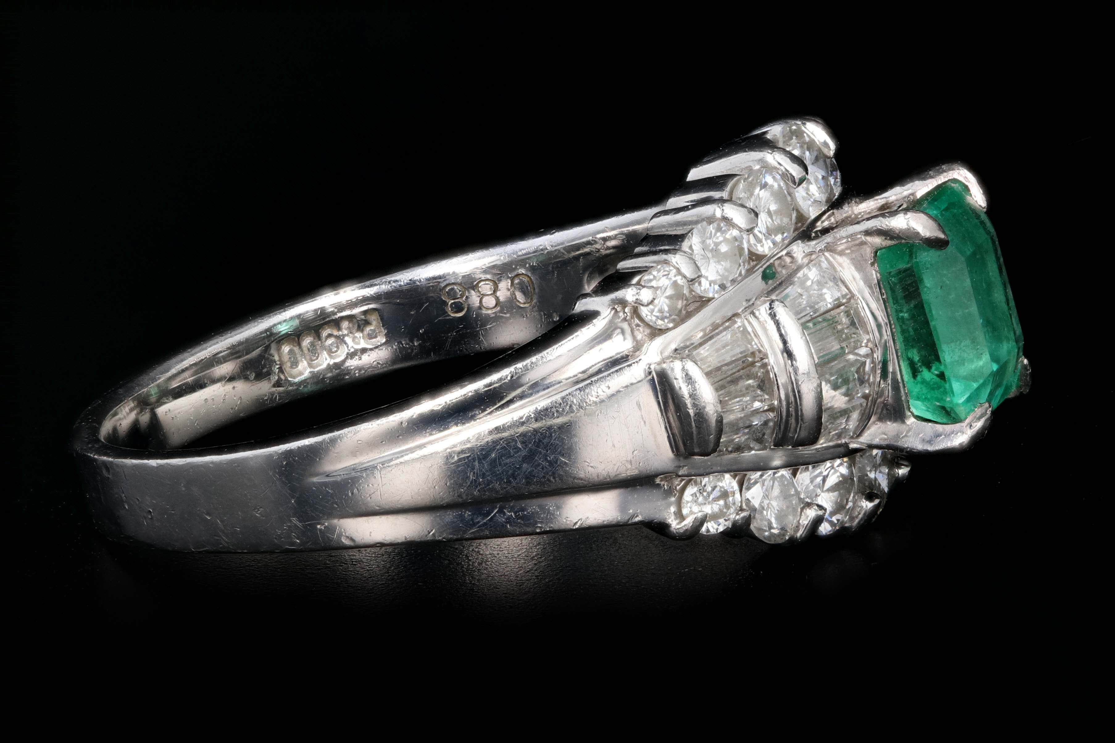 Retro Platinum .88 Carat Natural Emerald and Baguette Diamond Ring - Queen May