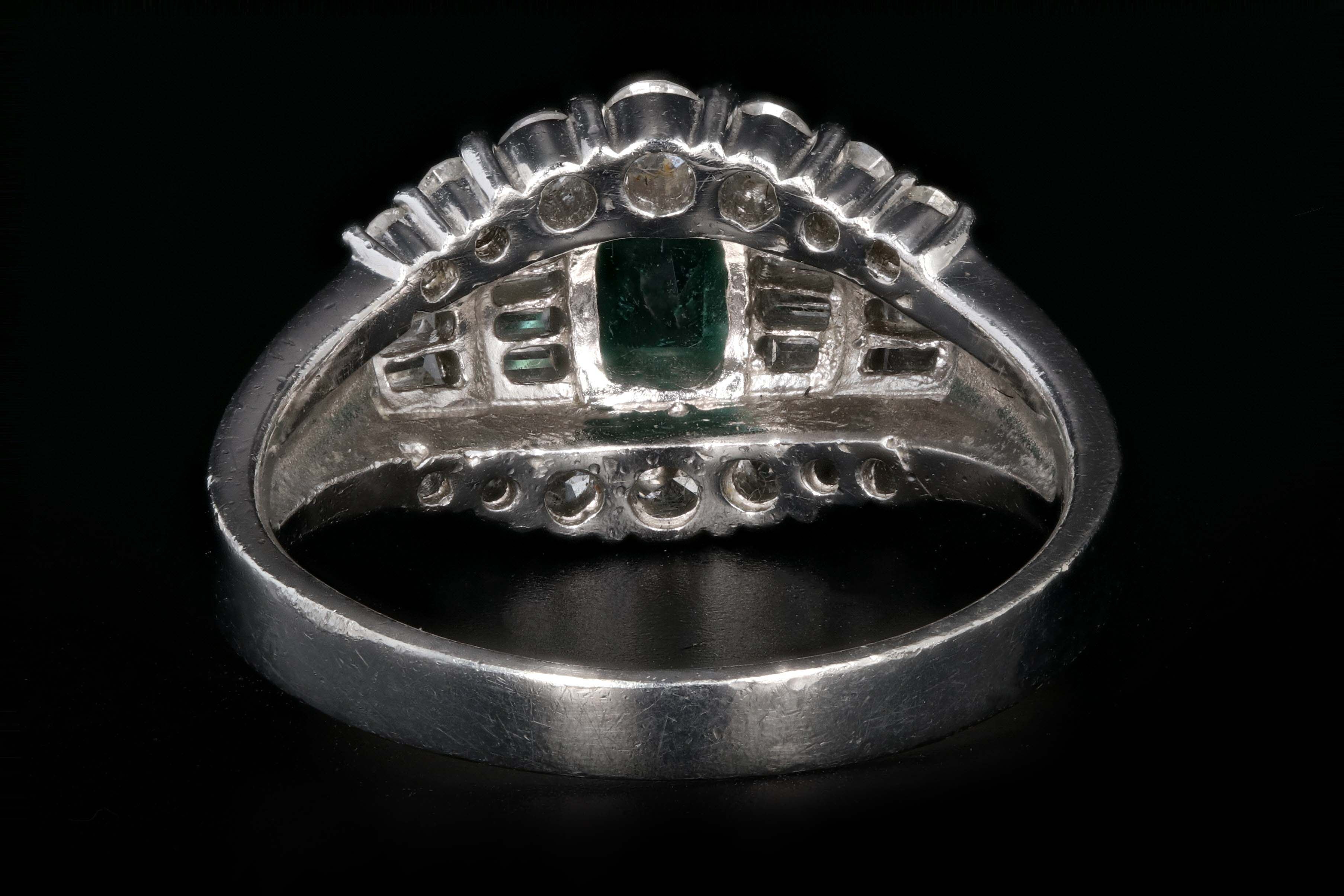 Retro Platinum .88 Carat Natural Emerald and Baguette Diamond Ring - Queen May