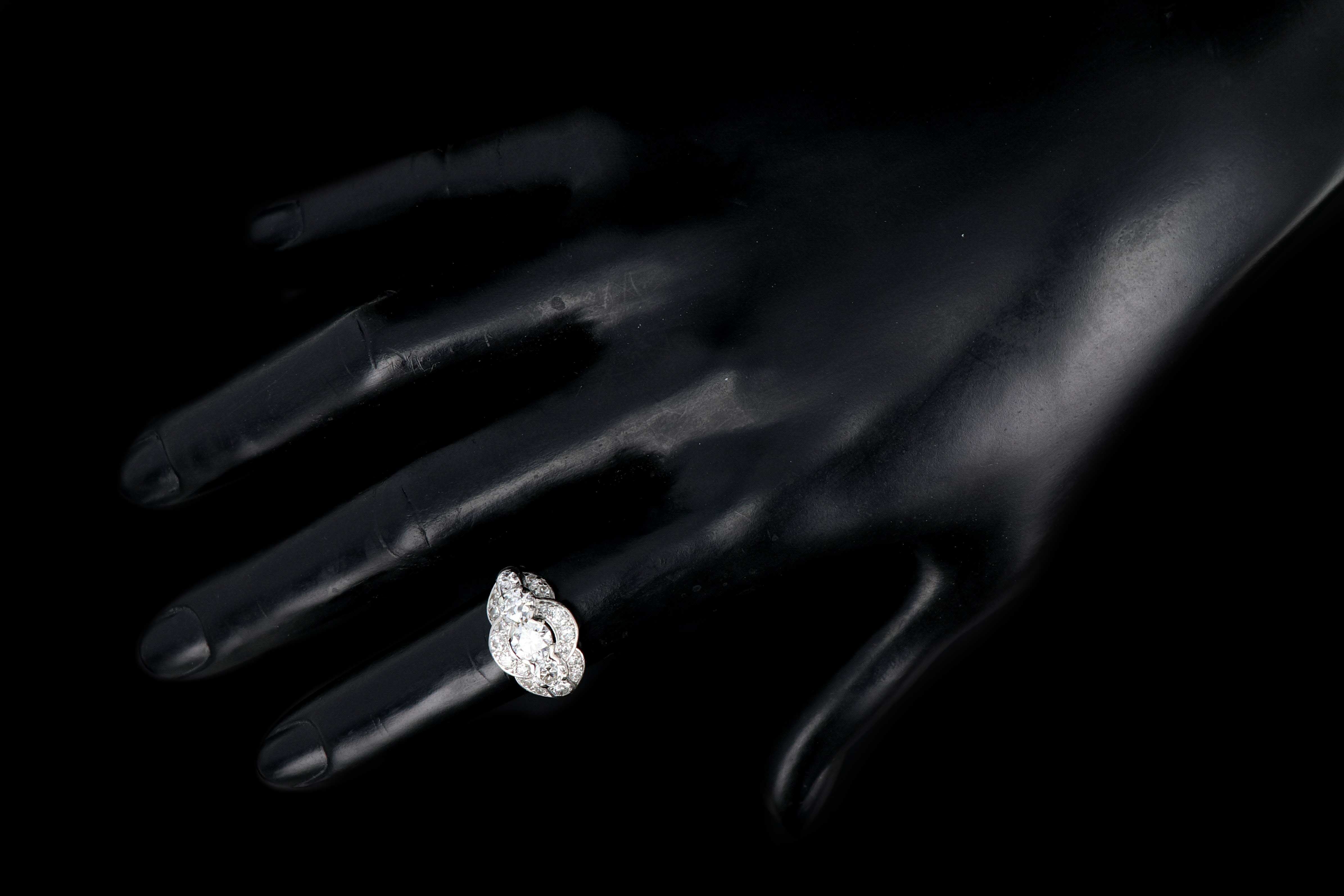 Art Deco Platinum 2.1 Carat Total Weight Old European Cut Diamond Ring - Queen May