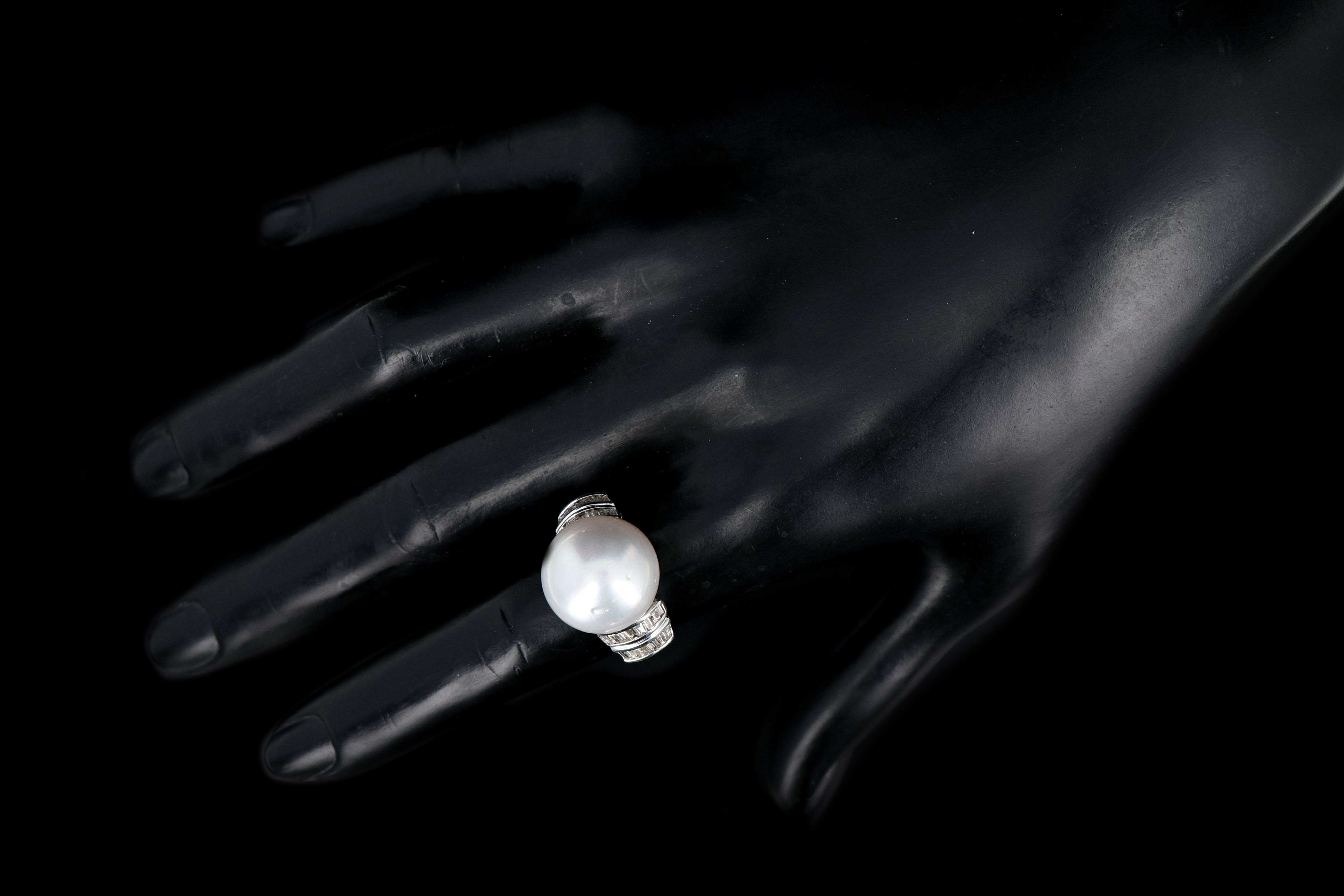 Modern 14K White Gold 15.6mm Pearl and Baguette Diamond Ring - Queen May