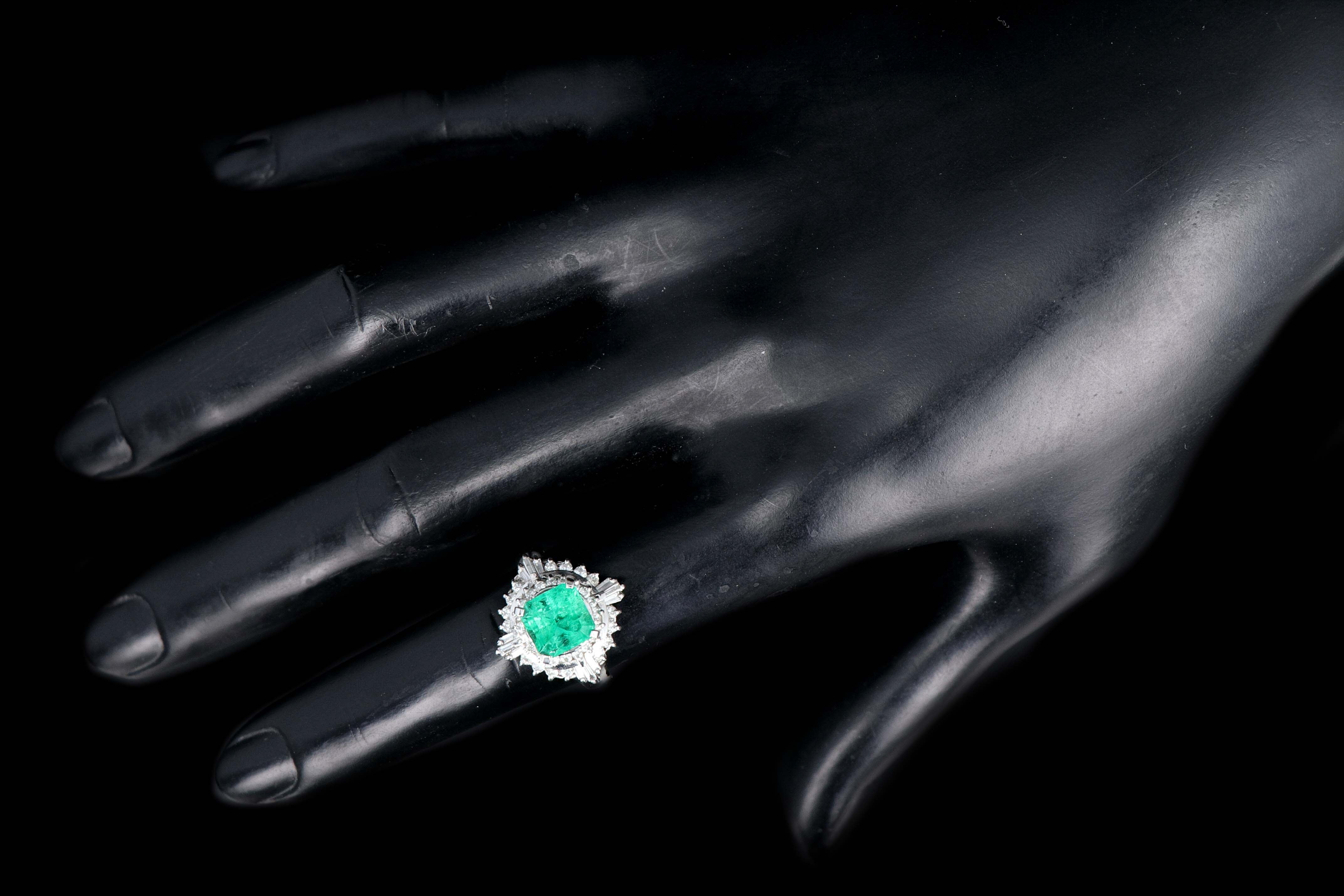 Retro Platinum 1.83 Carat Emerald and Diamond Cocktail Ring - Queen May