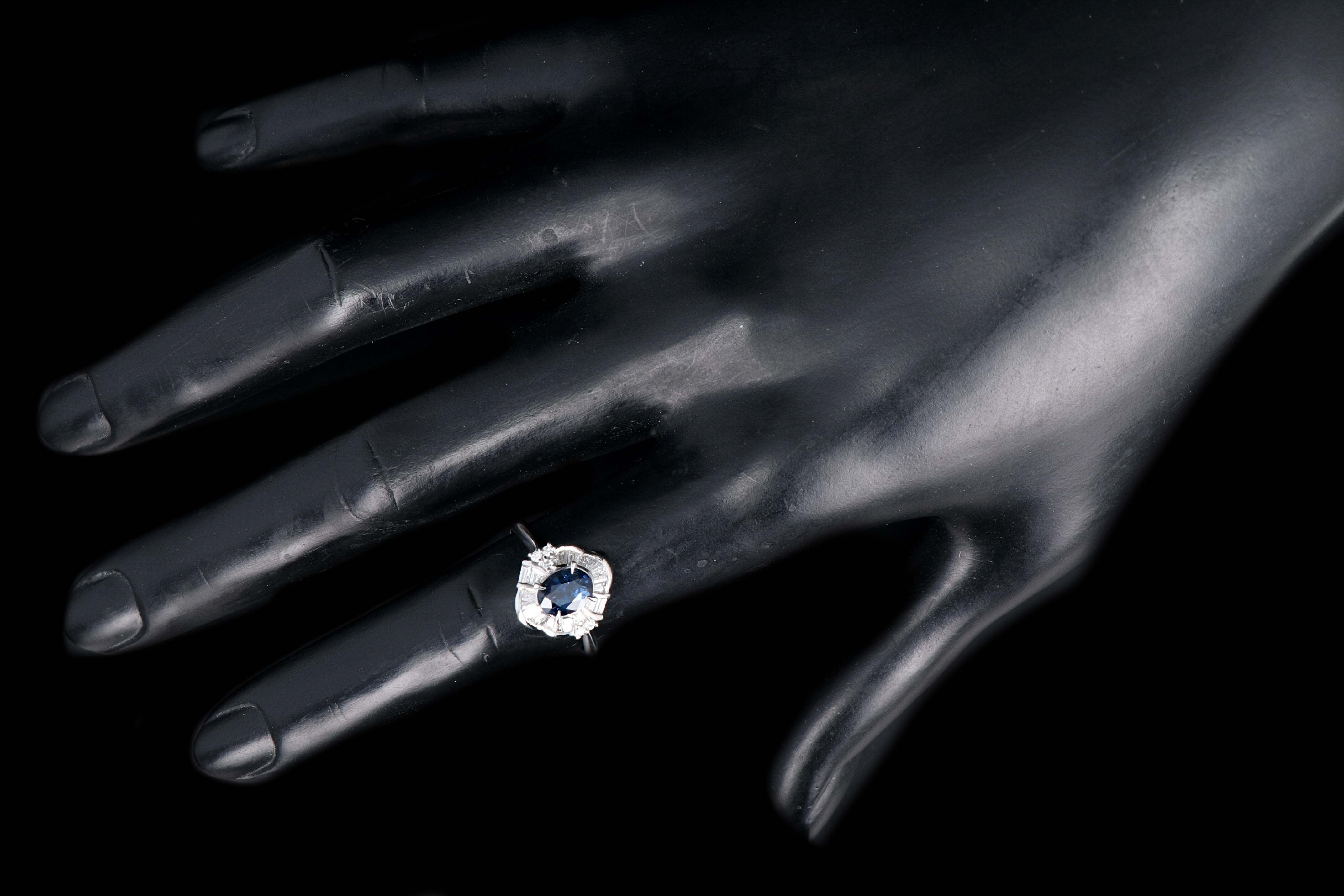 Retro Platinum 1.26 Carat Natural Blue Sapphire and Diamond Ring - Queen May