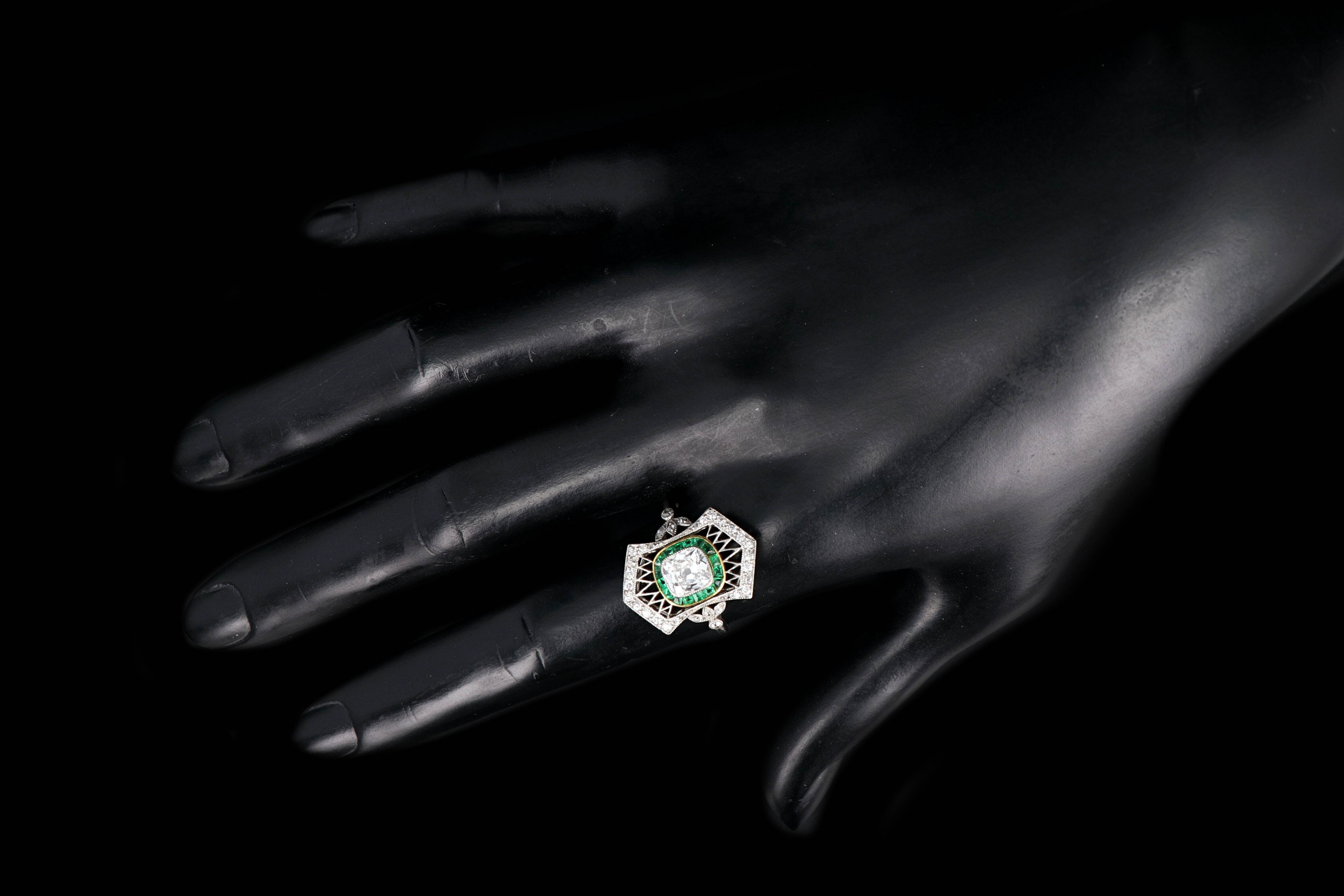 Art Deco Platinum 1.28 Carat Old Mine Cut Emerald & Diamond Ring - Queen May