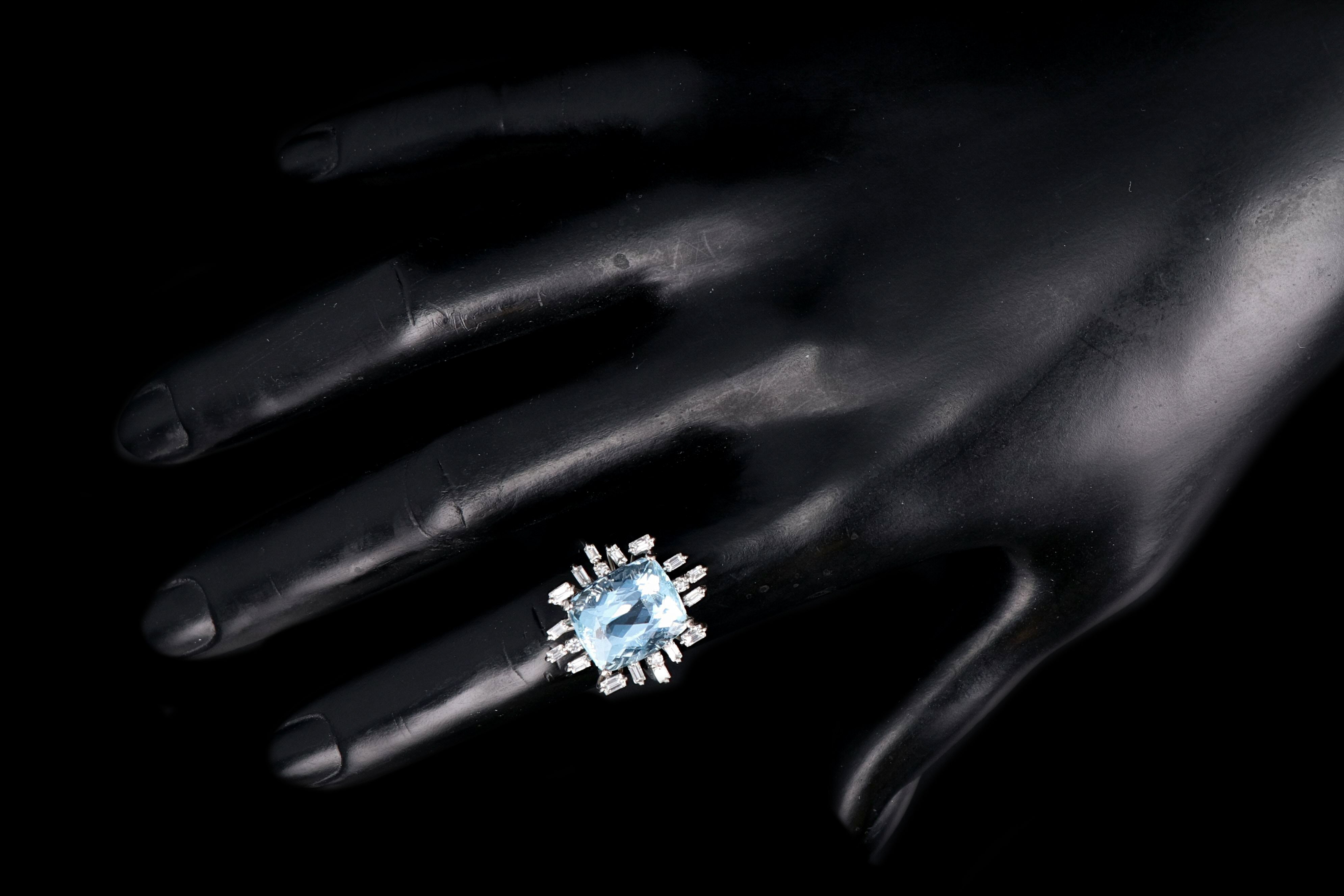 Retro 18K White Gold 6.5 Carat Aquamarine and Diamond Ring - Queen May
