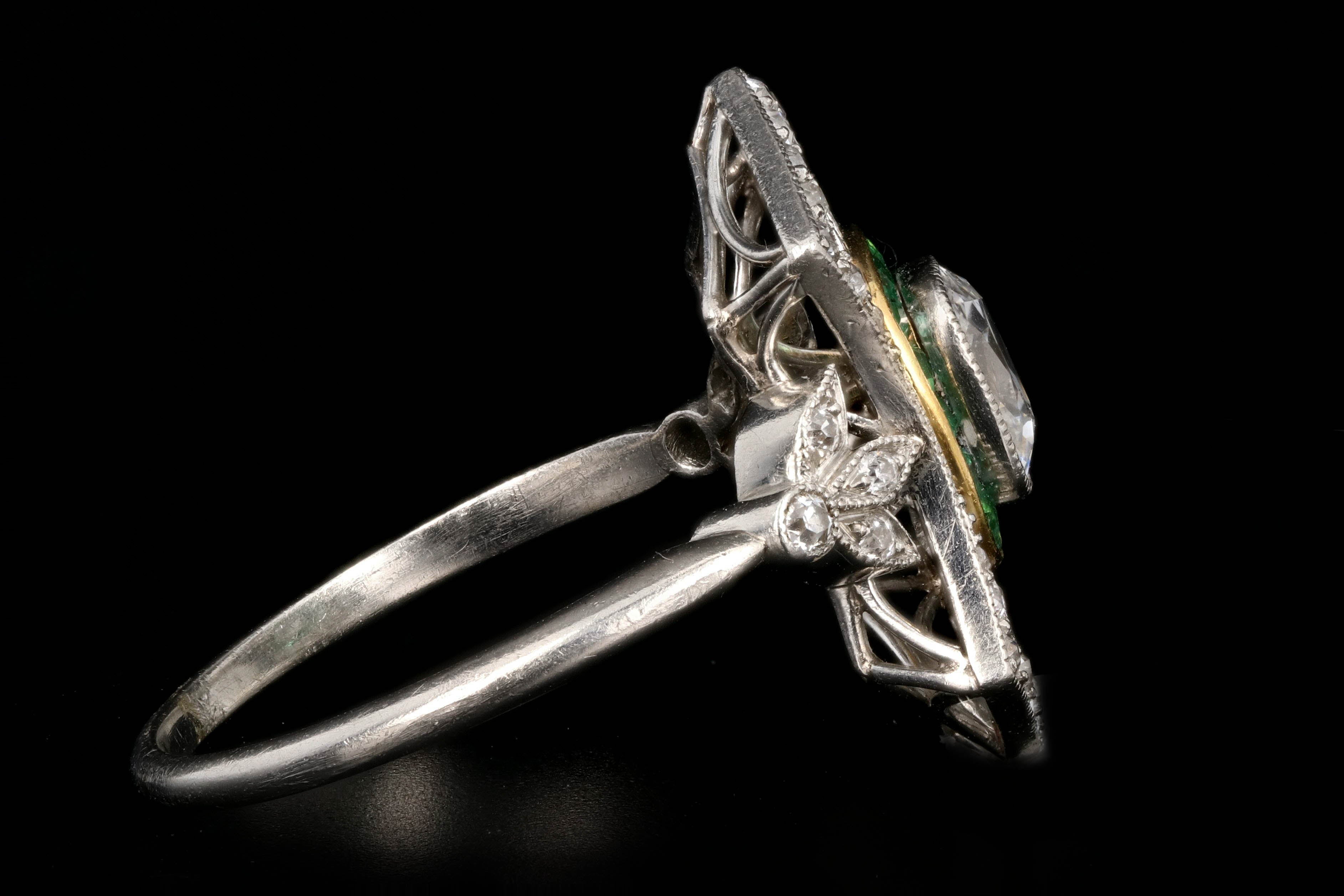 Art Deco Platinum 1.28 Carat Old Mine Cut Emerald & Diamond Ring - Queen May