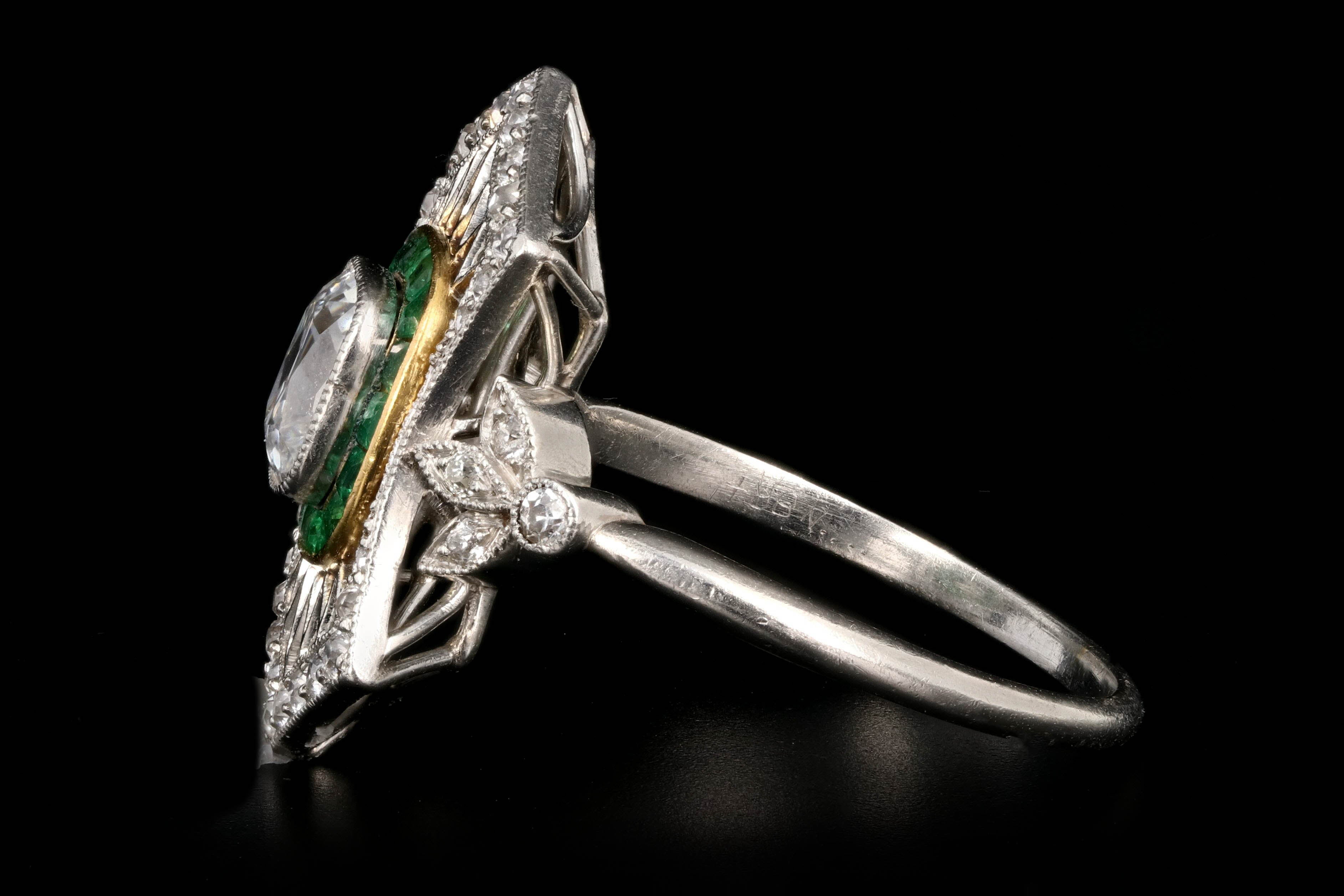 Art Deco Platinum 1.28 Carat Old Mine Cut Emerald & Diamond Ring - Queen May