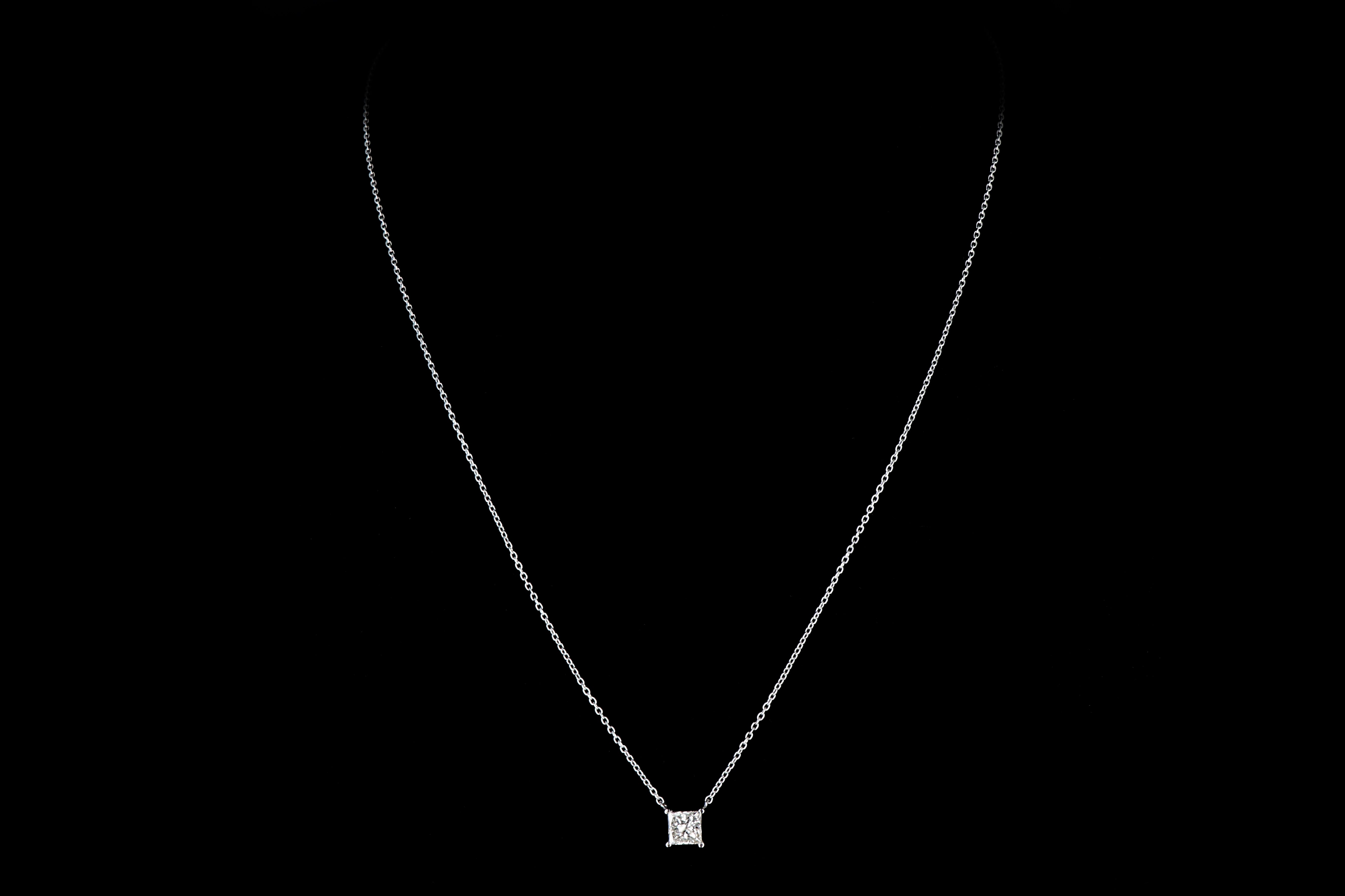 New 14K White Gold .98 Carat Princess Cut Diamond Pendant Necklace - Queen May