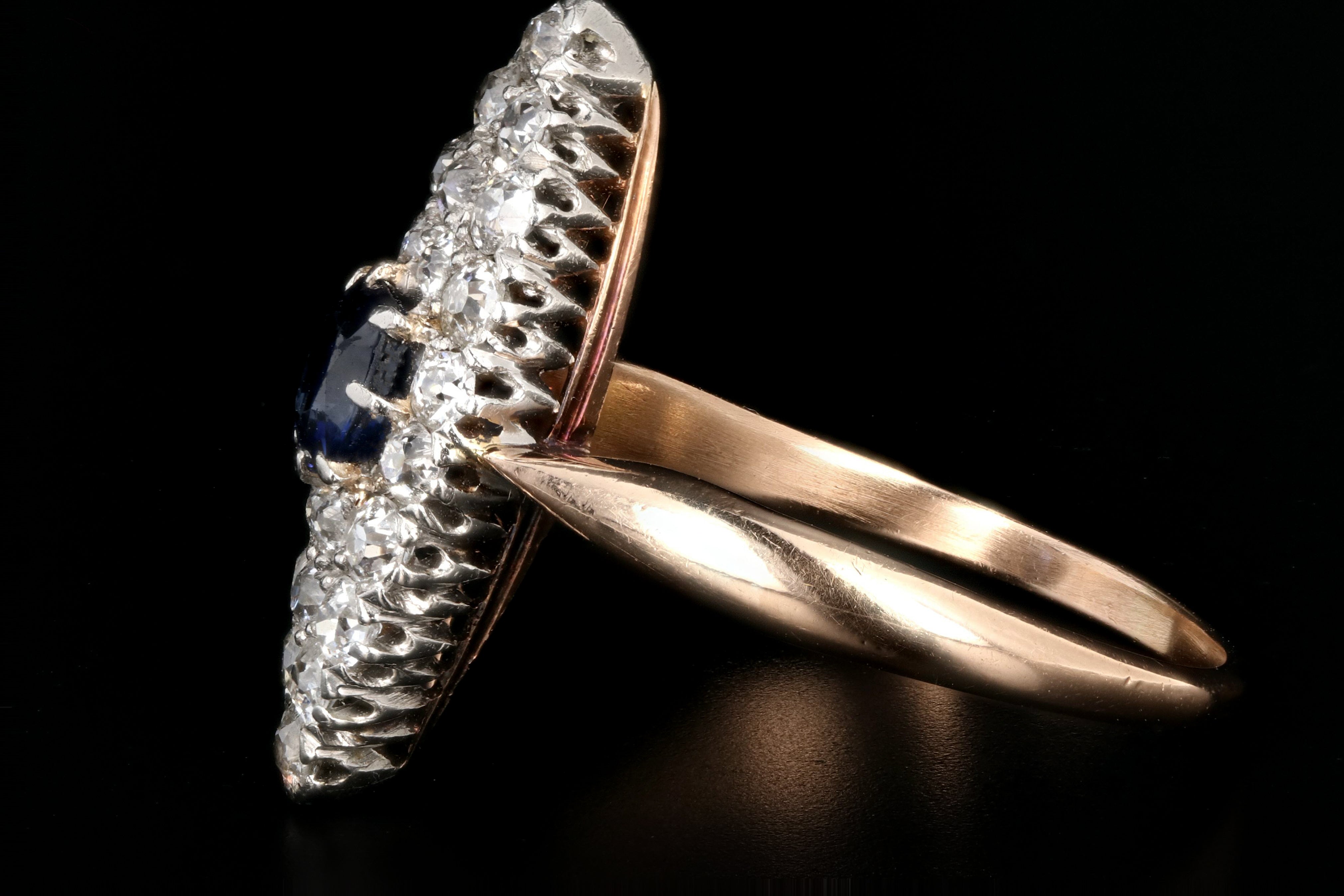 Edwardian 14K Rose Gold and Platinum Sapphire and Diamond Navette Ring - Queen May