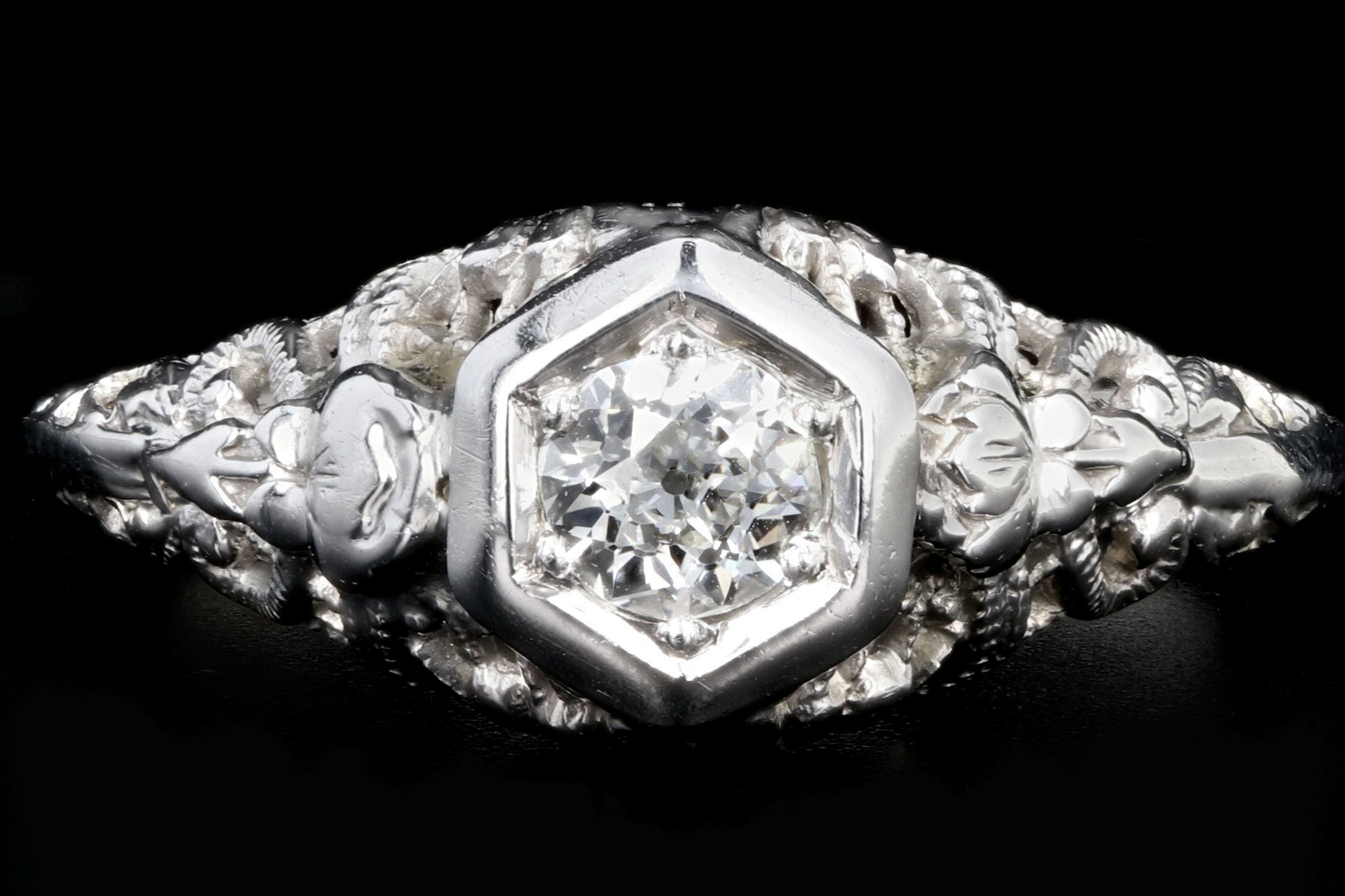 Art Deco 18K White Gold Diamond Filigree Ring - Queen May
