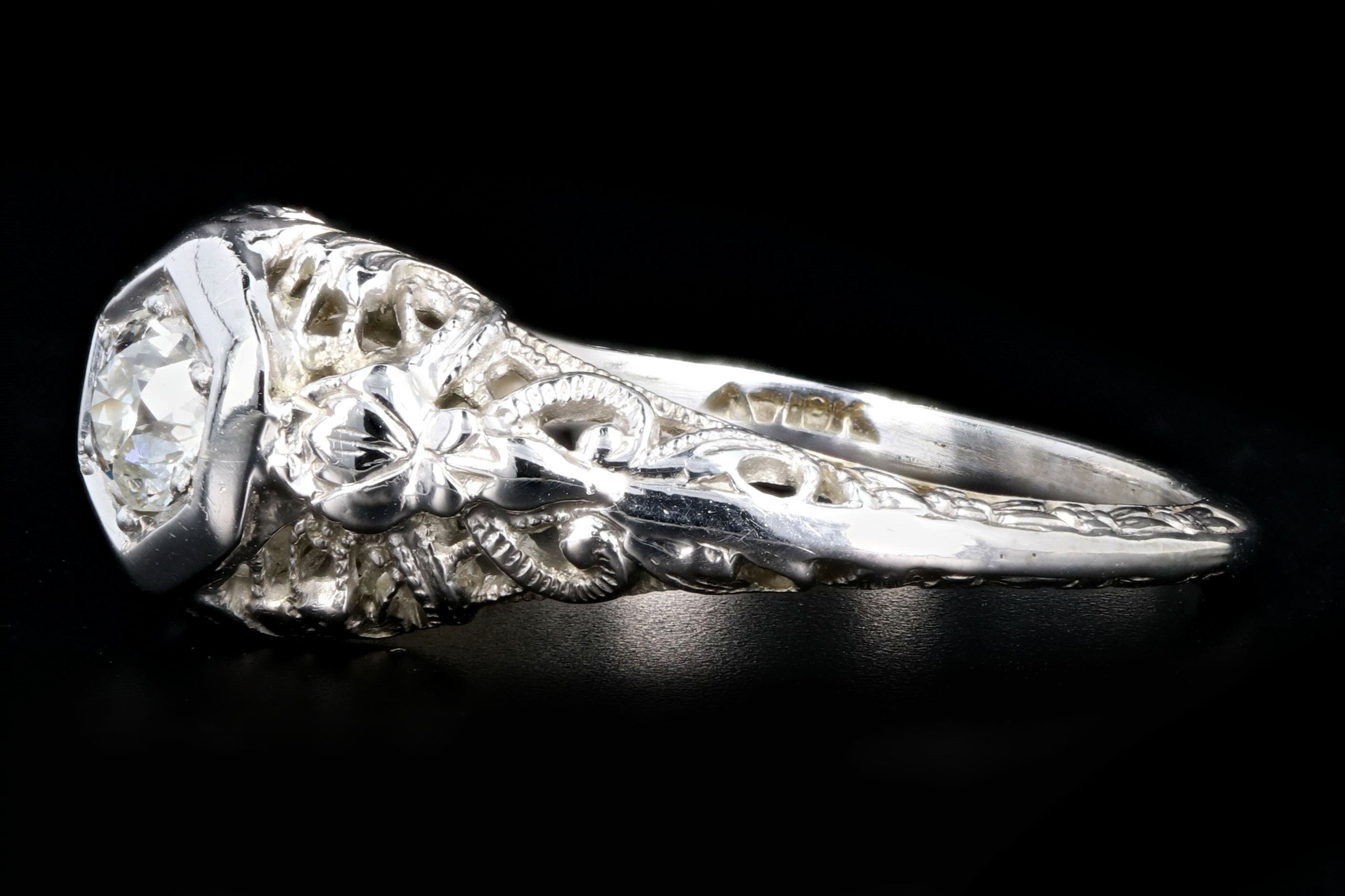 Art Deco 18K White Gold Diamond Filigree Ring - Queen May