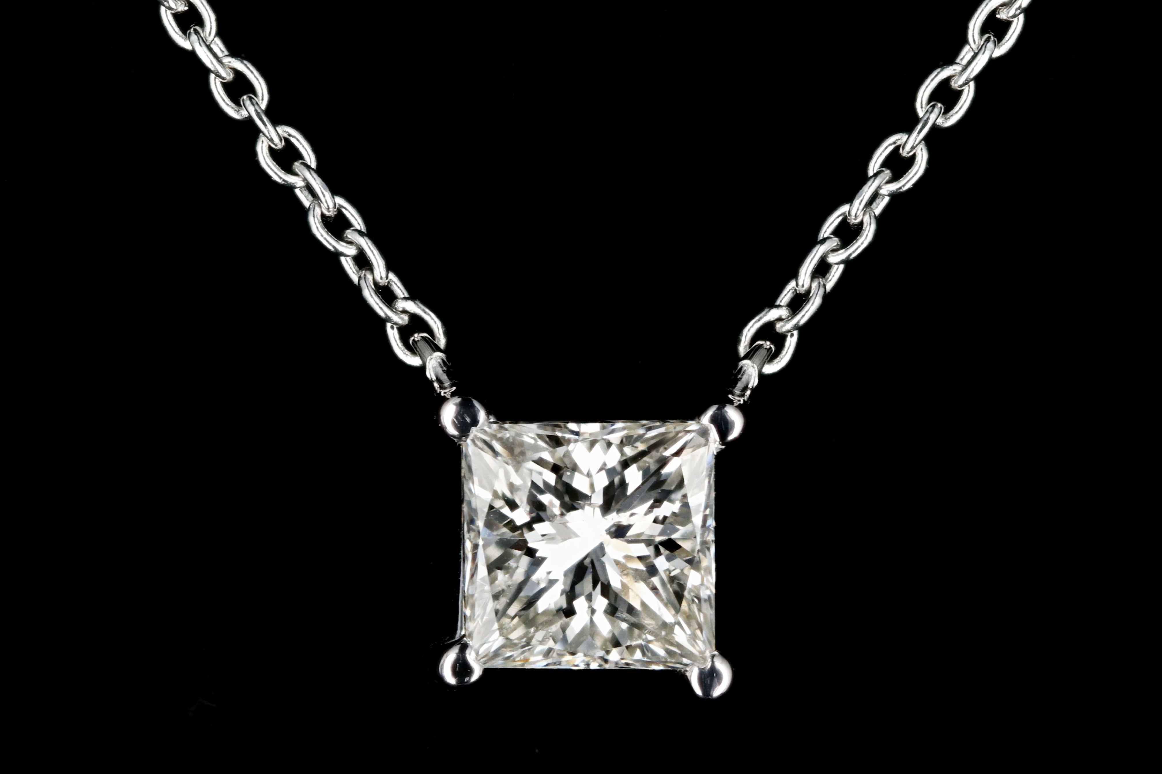 New 14K White Gold .98 Carat Princess Cut Diamond Pendant Necklace - Queen May