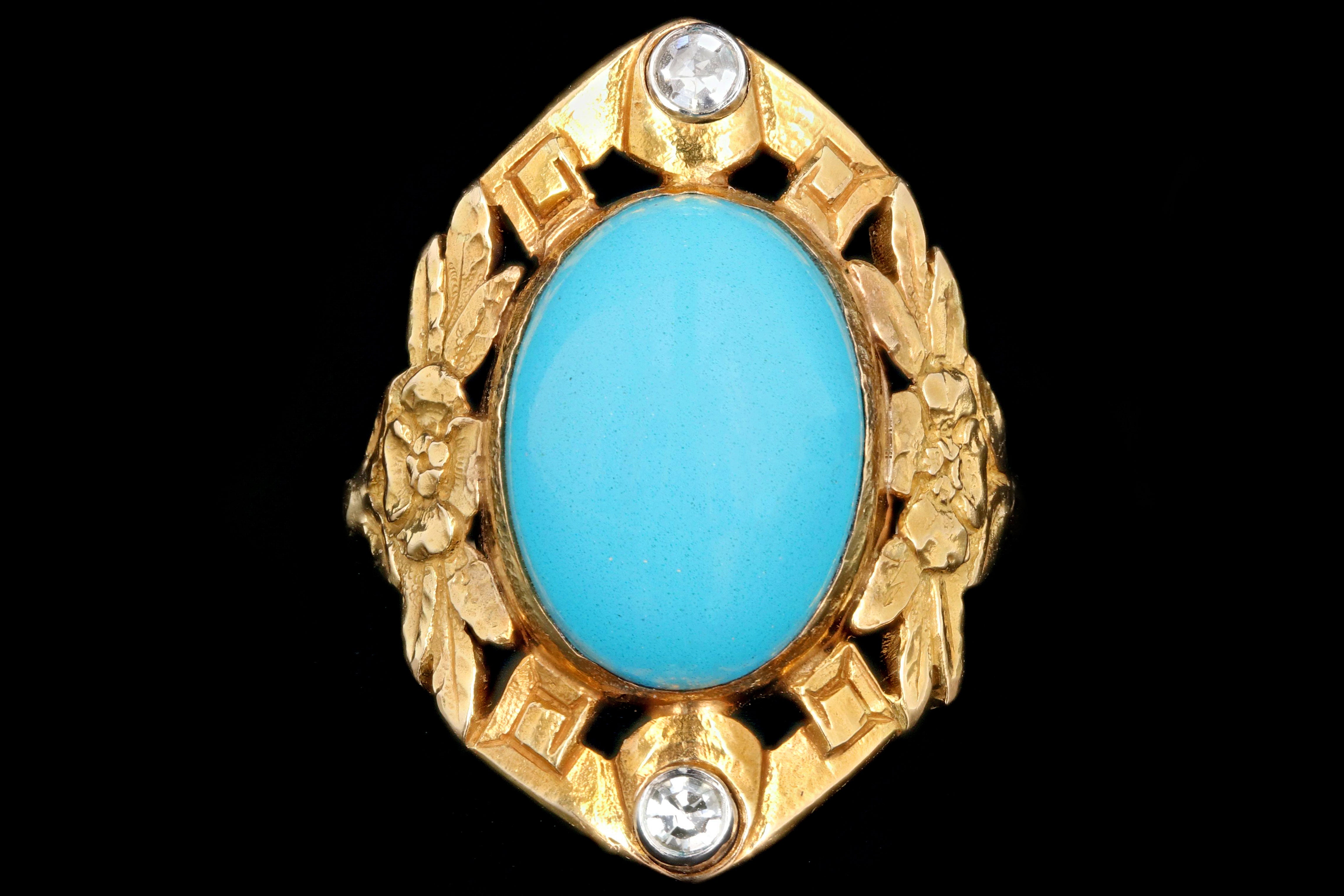 Vintage 14K Yellow Gold Turquoise and Single Cut Diamond Ring - Queen May