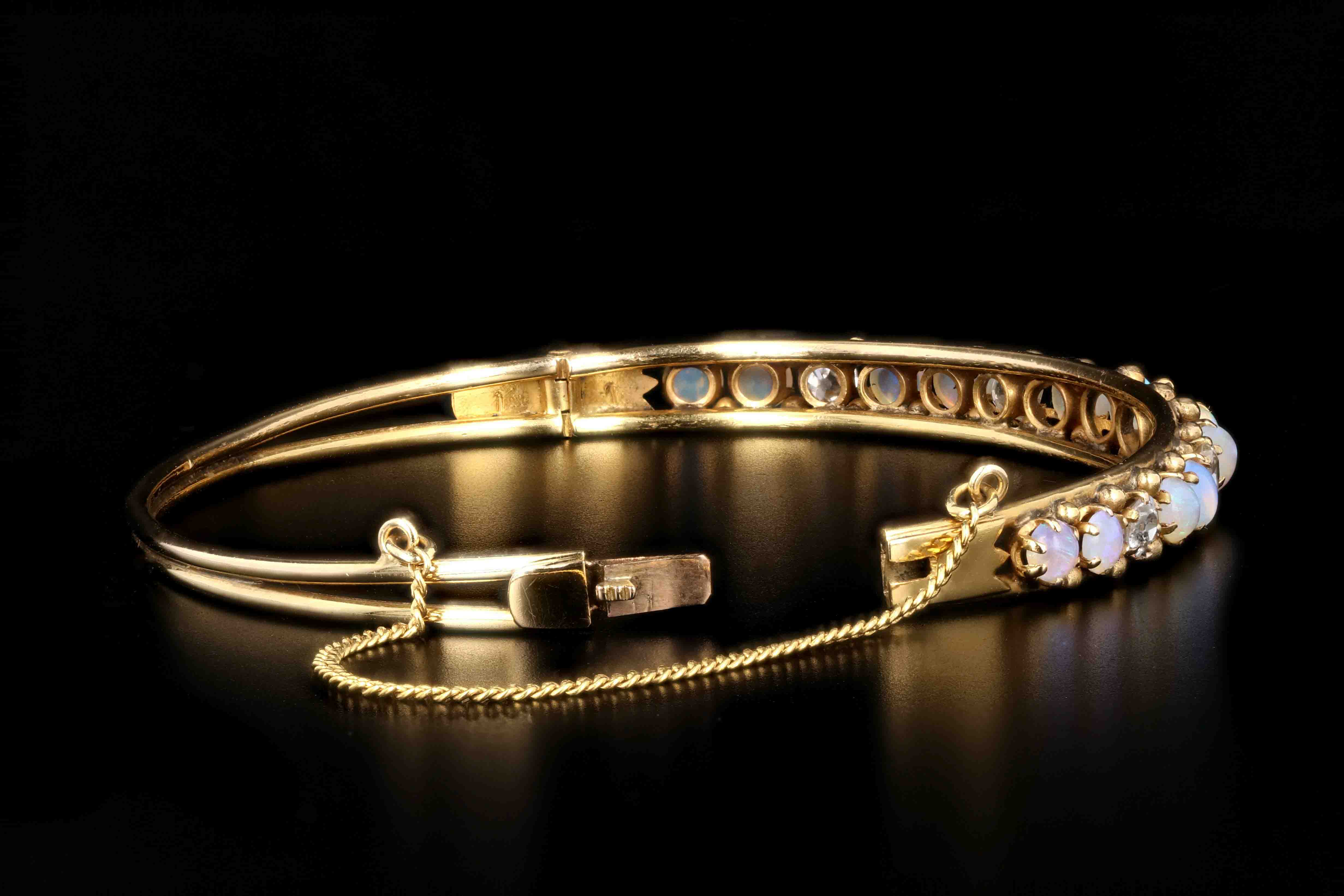 Victorian 14K Yellow Gold Cabochon Opal & Old European Cut Diamond Bangle Bracelet - Queen May