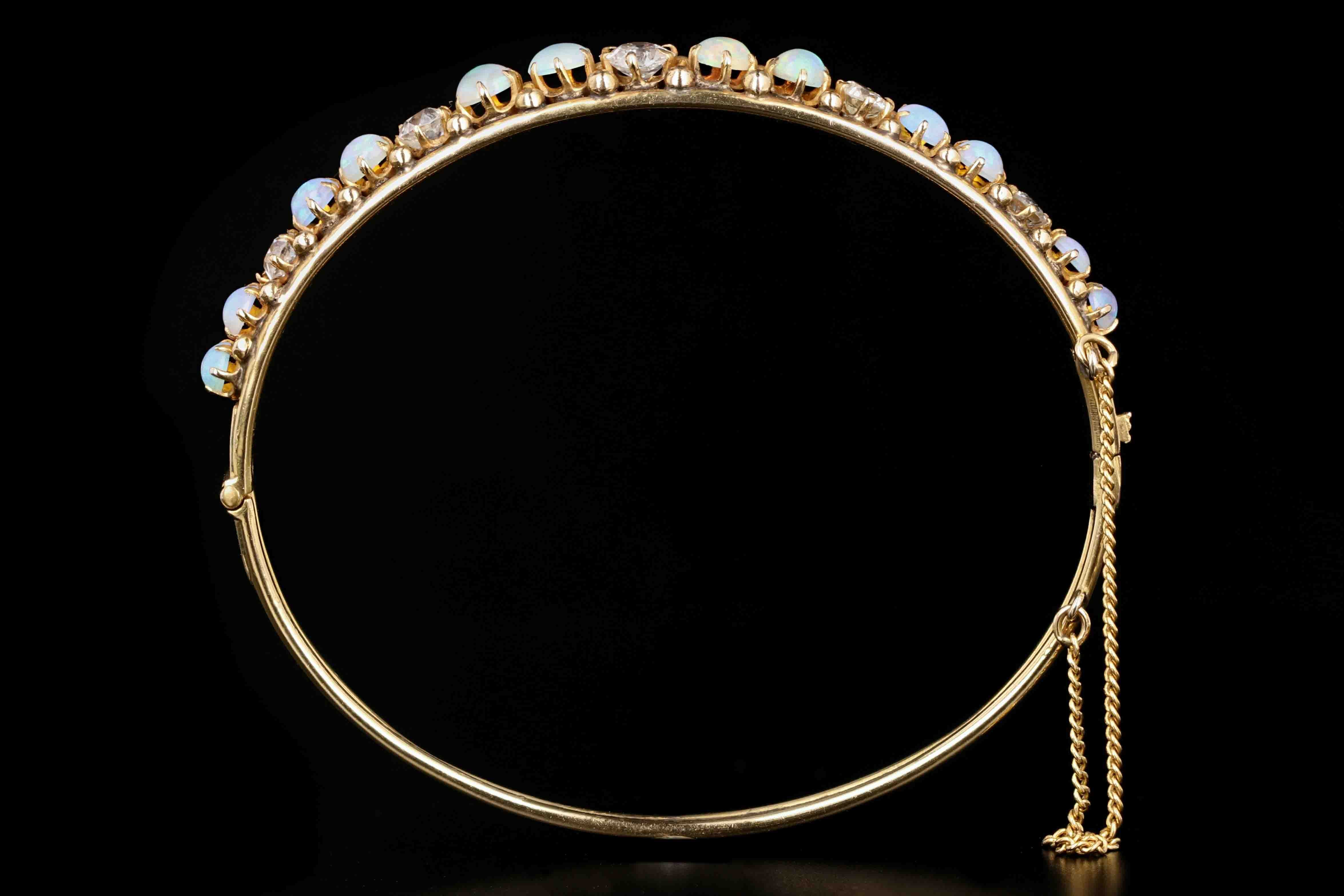 Victorian 14K Yellow Gold Cabochon Opal & Old European Cut Diamond Bangle Bracelet - Queen May