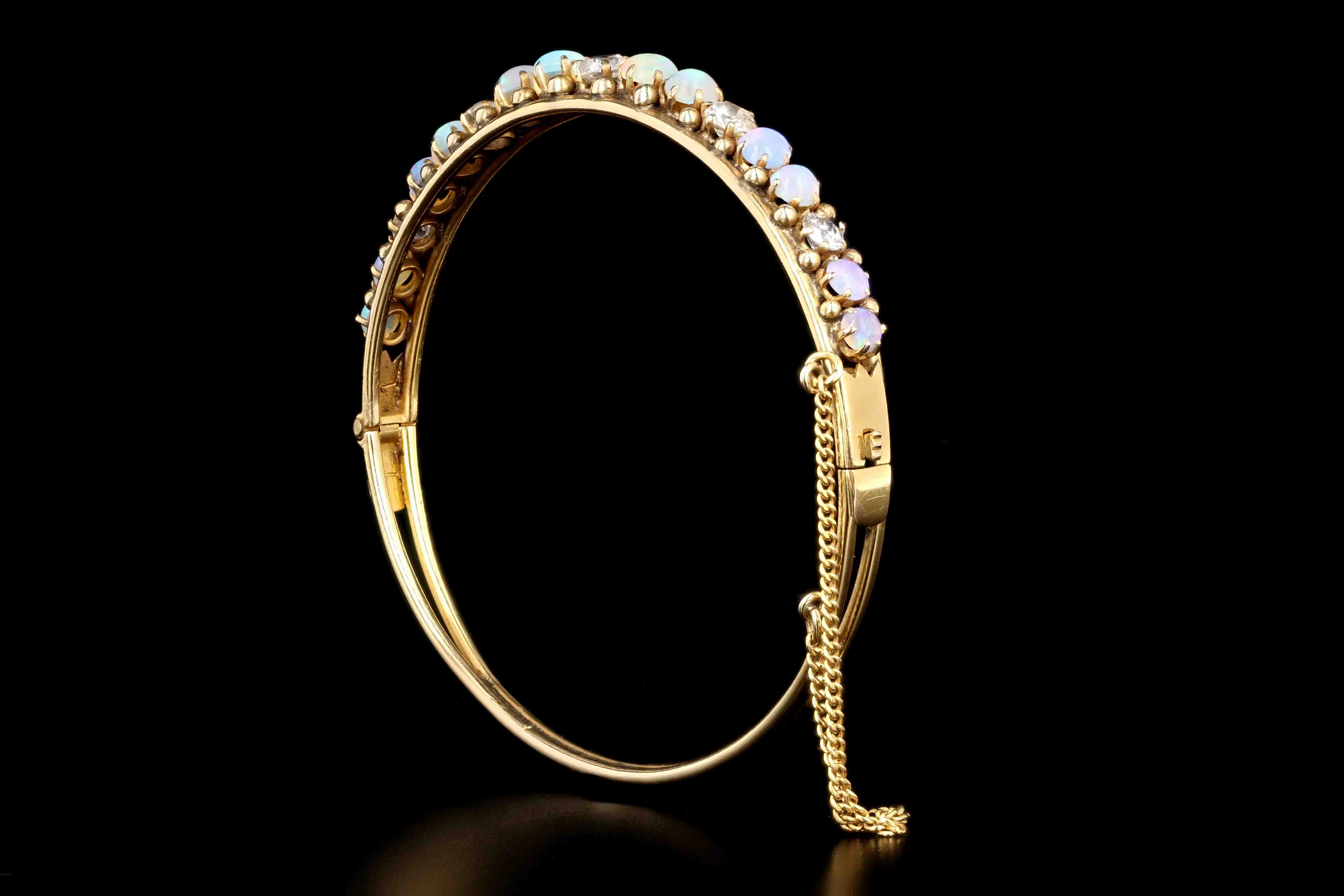 Victorian 14K Yellow Gold Cabochon Opal & Old European Cut Diamond Bangle Bracelet - Queen May