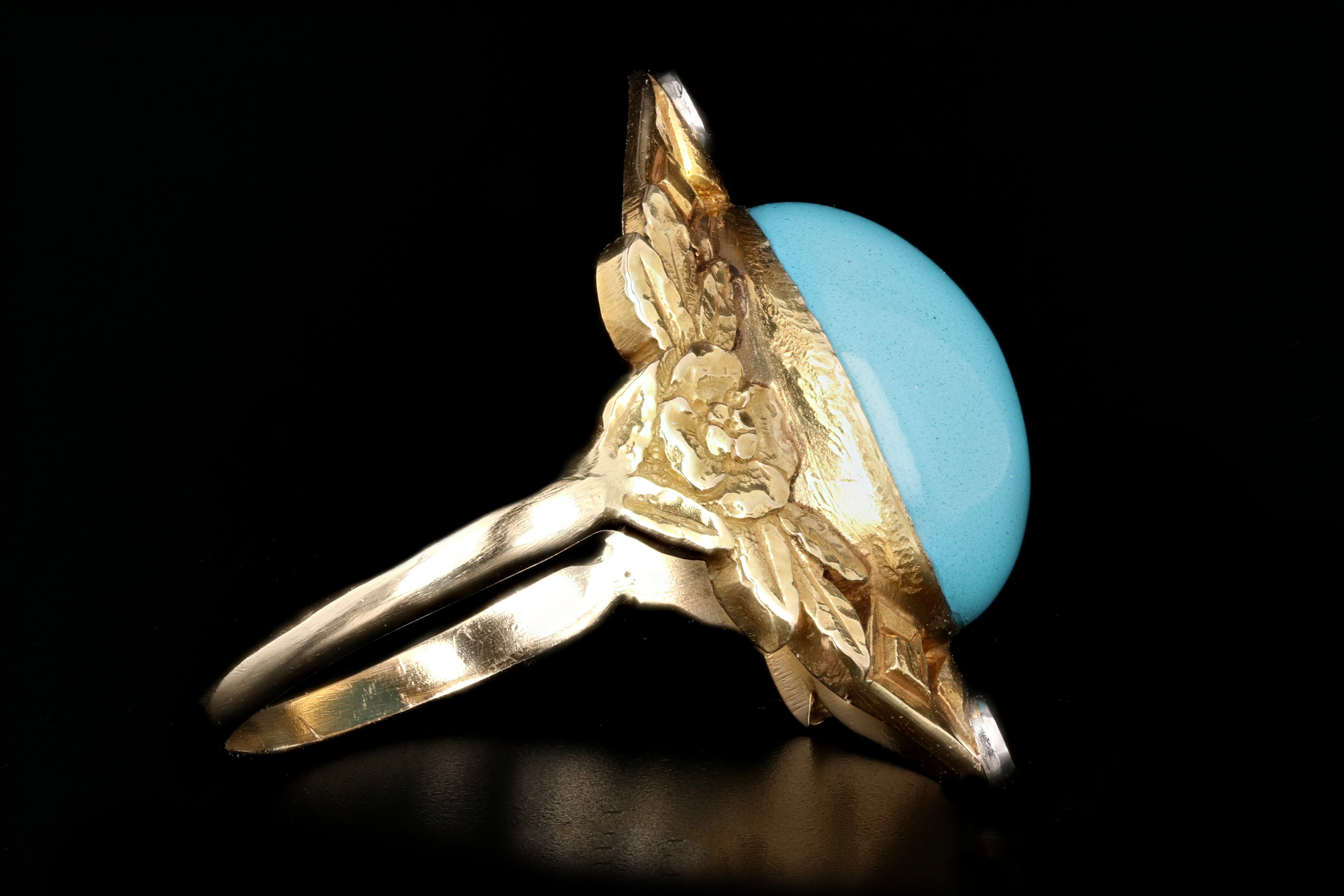 Vintage 14K Yellow Gold Turquoise and Single Cut Diamond Ring - Queen May