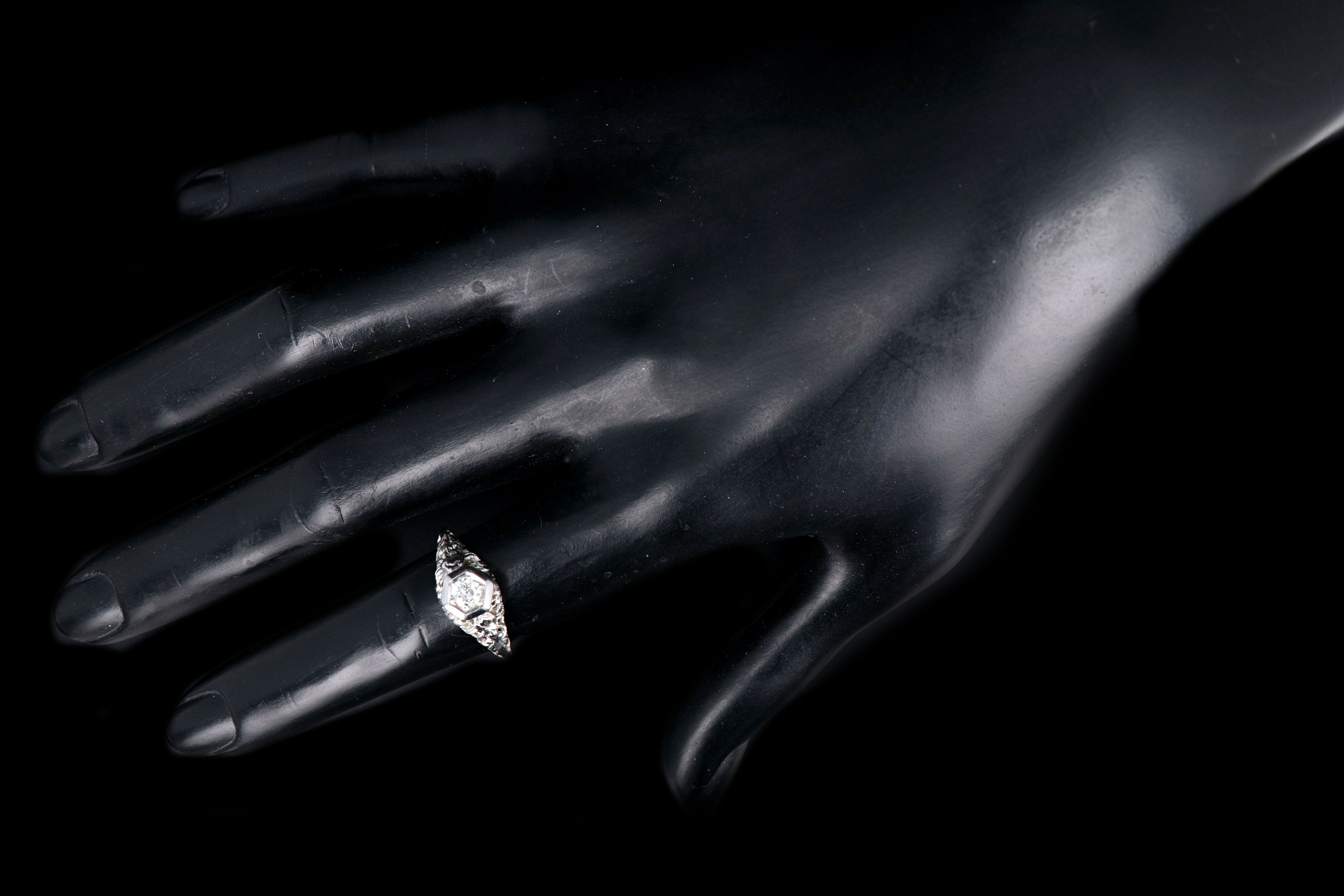 Art Deco 18K White Gold Diamond Filigree Ring - Queen May