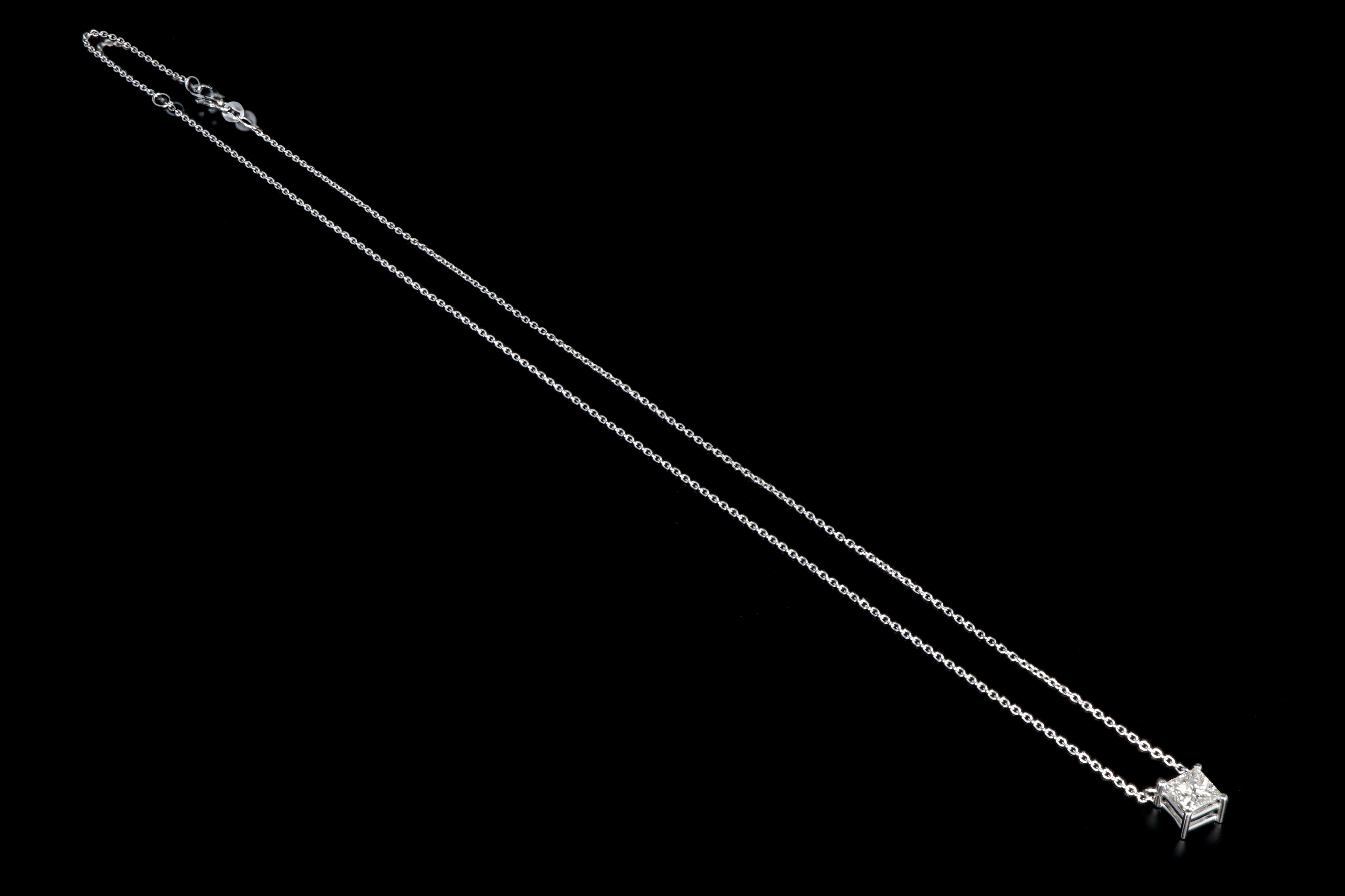 New 14K White Gold .98 Carat Princess Cut Diamond Pendant Necklace - Queen May